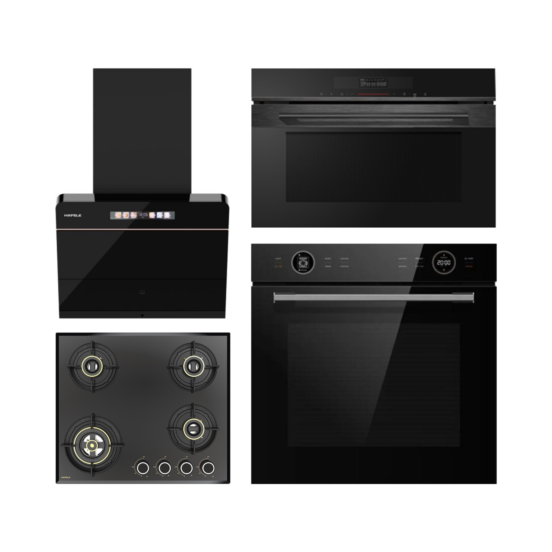 Hafele Built In Oven ORB 72 BIO + Hafele Built-In Convection Microwave DIAMOND 34 MWO + Hafele 60 cm Wall Mounted Chimney TERESA NEO I-60 BLDC + Hafele 60 cm 4 Burner Hob Altius Series ALTIUS FS 460