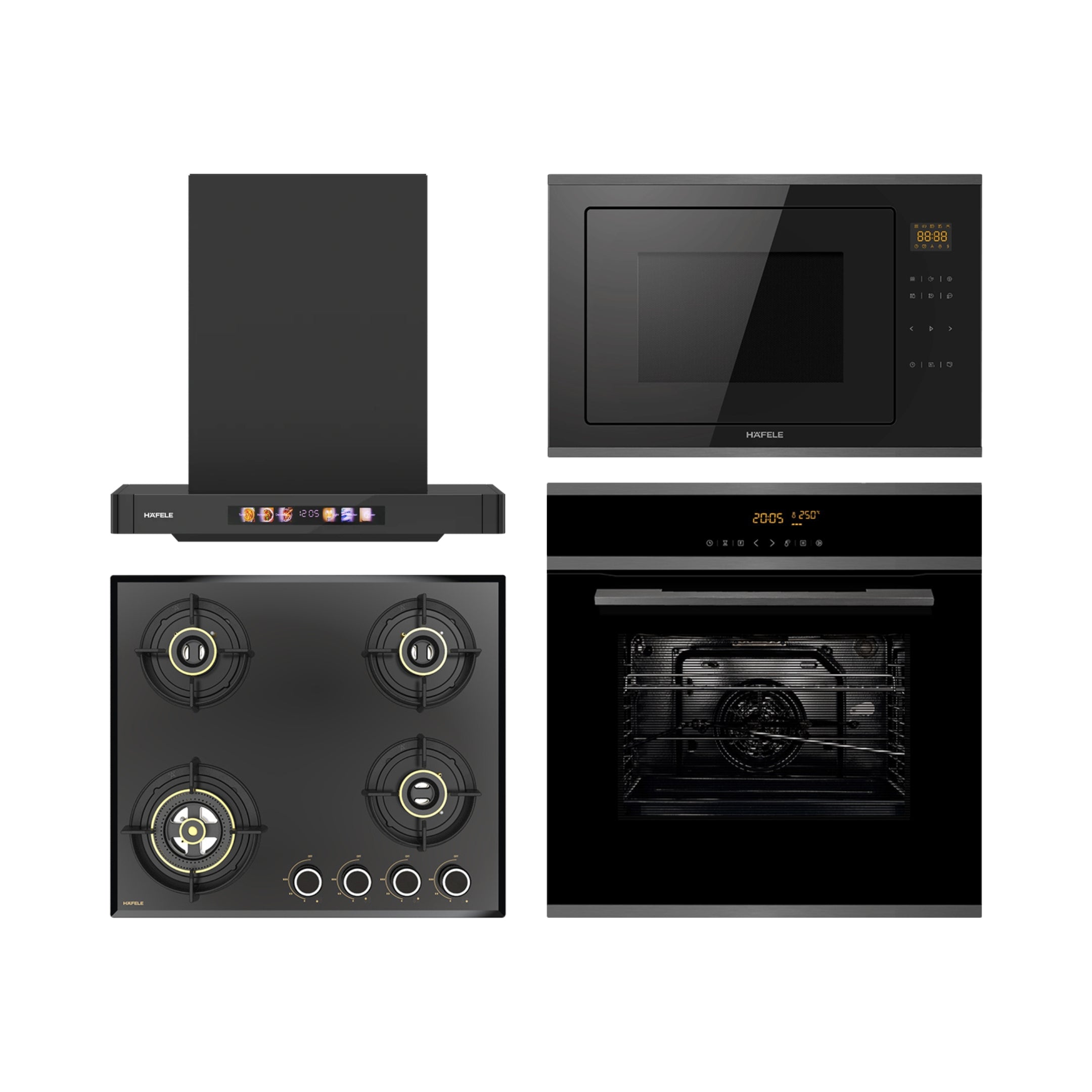 Hafele Built In Oven J70 BIO PLUS + Hafele Built-In Convection Microwave J34 MWO PLUS + Hafele 60 cm Wall Mounted Chimney TERESA T-60 BLDC + Hafele 60 cm 4 Burner Hob Altius Series ALTIUS FS 460