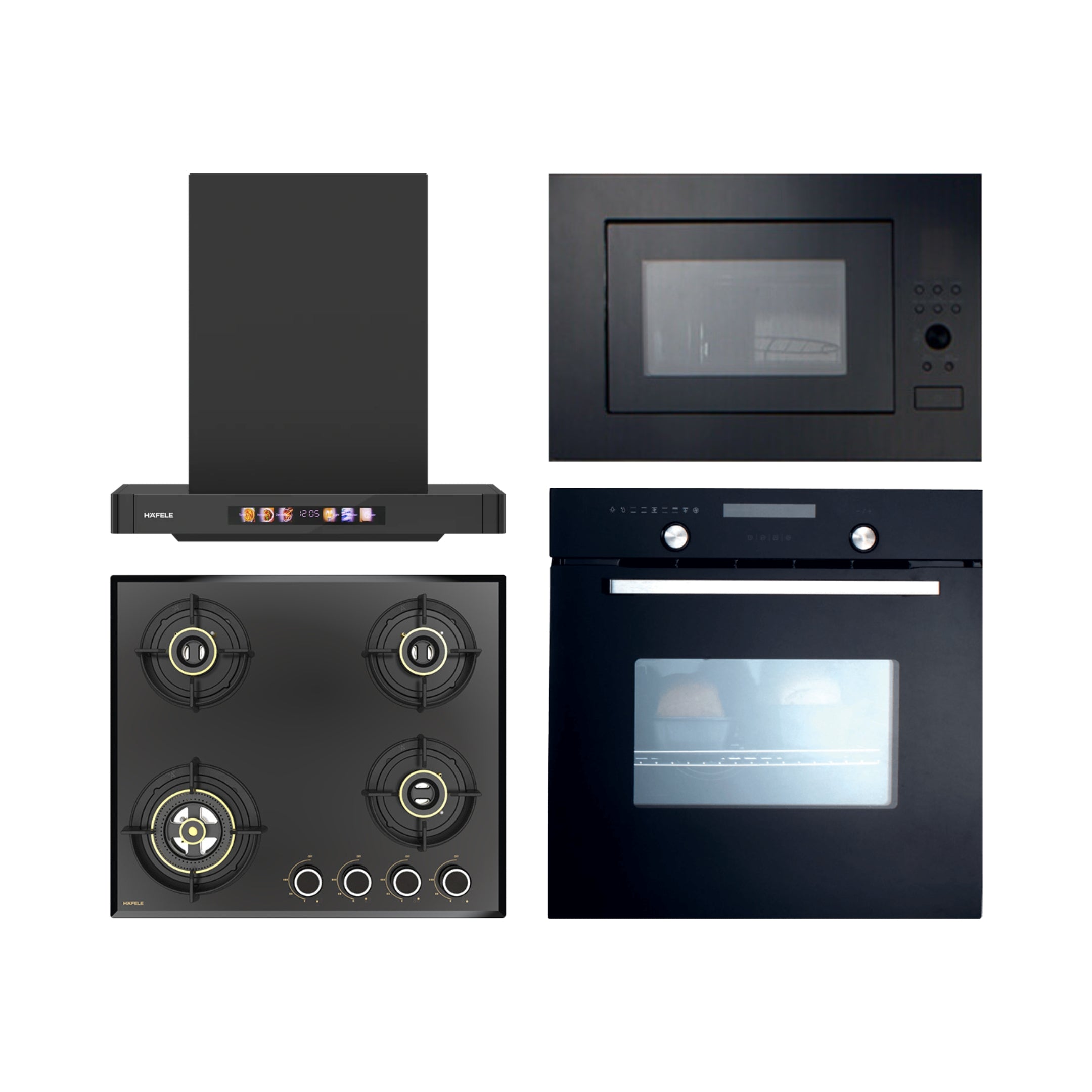 Hafele Built In Oven CELIA 70 + Hafele Built-In Microwave AIDA 28 + Hafele 60 cm Wall Mounted Chimney TERESA T-60 BLDC + Hafele 60 cm 4 Burner Hob Altius Series ALTIUS FS 460