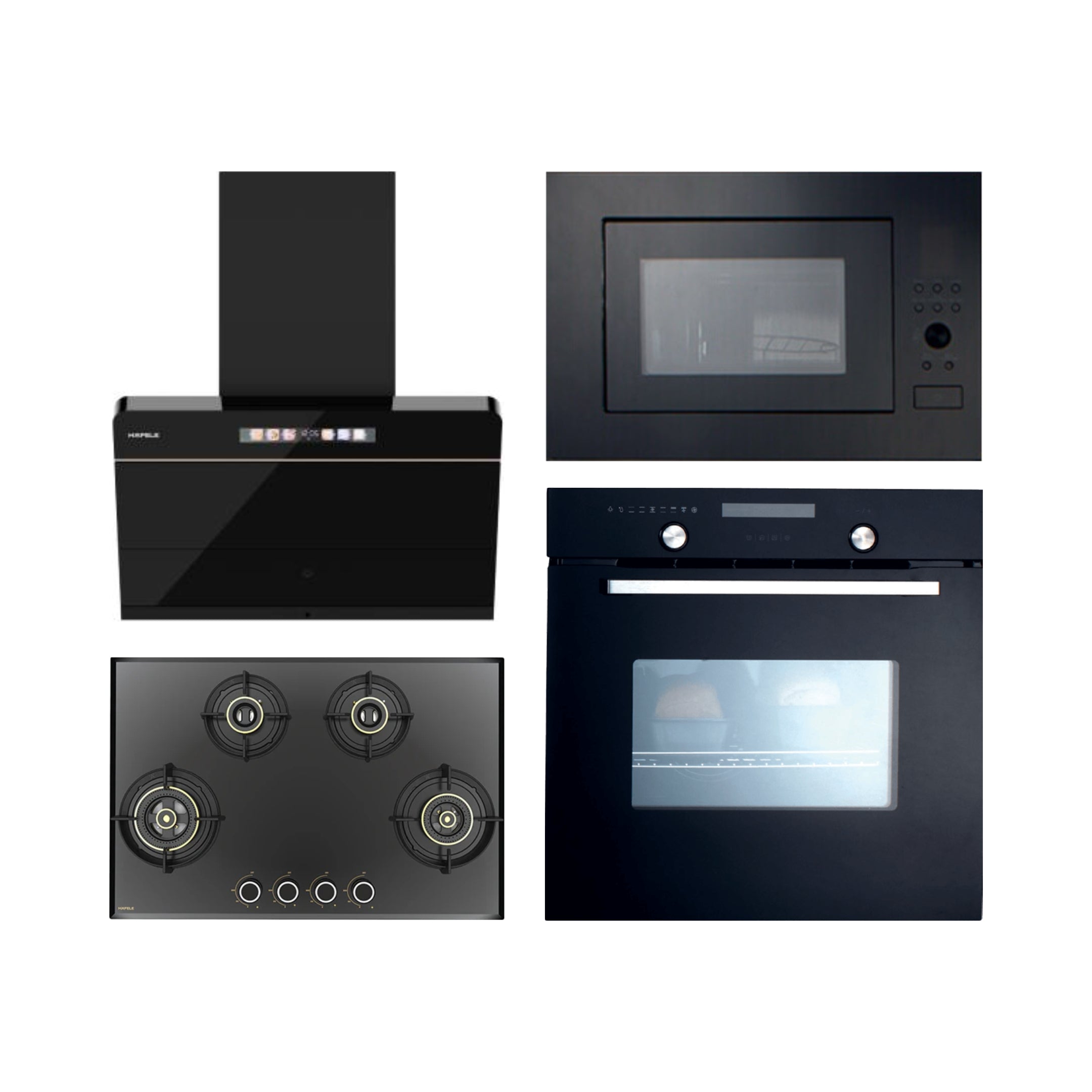 Hafele Built In Oven CELIA 70 + Hafele Built-In Microwave AIDA 28 + Hafele 75 cm Wall Mounted Chimney TERESA NEO I-75 BLDC + Hafele 78 cm 4 Burner Hob Altius Series ALTIUS FS 480