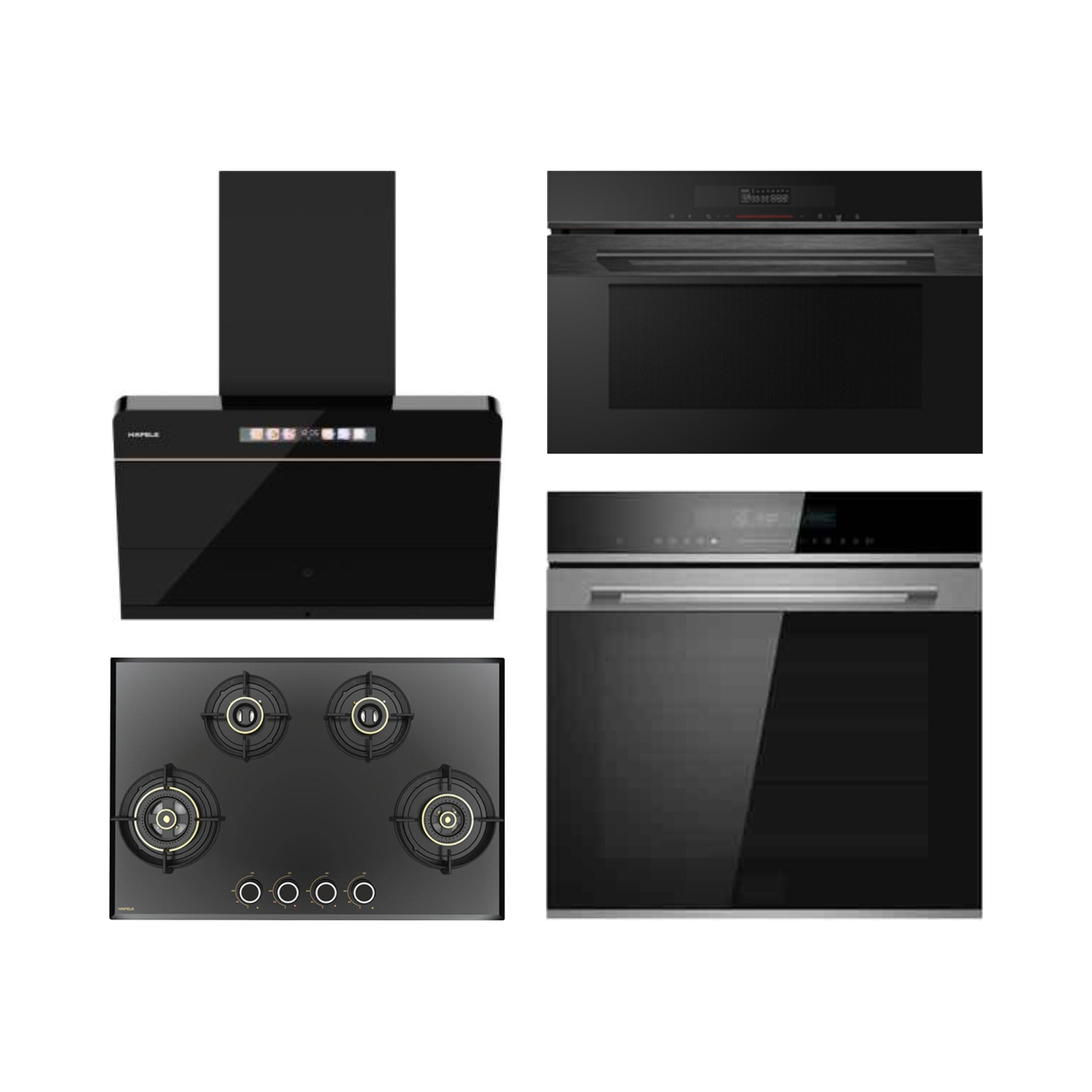 Hafele Built In Oven DIAMOND 77 BIO + Hafele Built-In Convection Microwave DIAMOND 34 MWO + Hafele 75 cm Wall Mounted Chimney TERESA NEO I-75 BLDC + Hafele 78 cm 4 Burner Hob Altius Series ALTIUS FS 480
