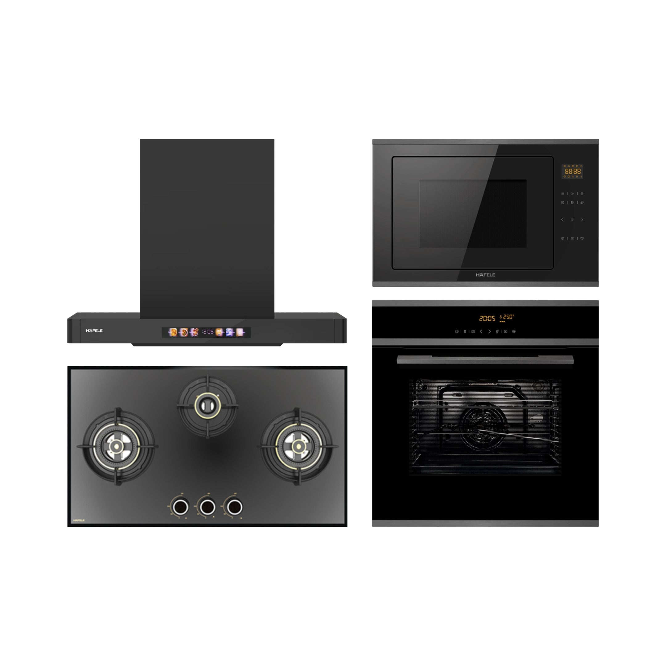 Hafele Built In Oven J70 BIO PLUS + Hafele Built-In Convection Microwave J34 MWO PLUS + Hafele 75 cm Wall Mounted Chimney TERESA T-75 BLDC + Hafele 78 cm 3 Burner Hob Altius Series ALTIUS FS 378