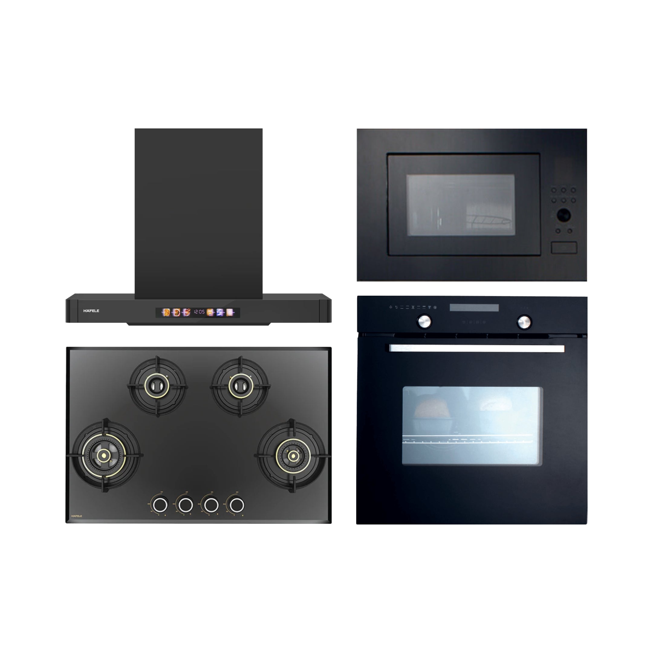 Hafele Built In Oven CELIA 70 + Hafele Built-In Microwave AIDA 28 + Hafele 75 cm Wall Mounted Chimney TERESA T-75 BLDC + Hafele 78 cm 4 Burner Hob Altius Series ALTIUS FS 480