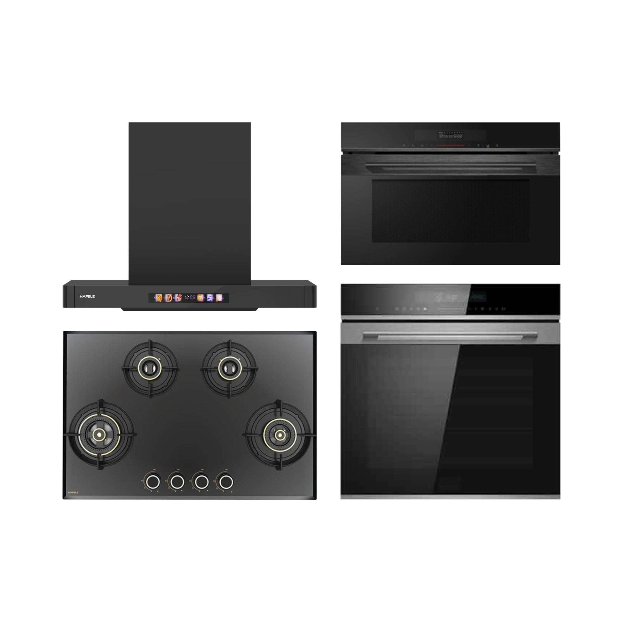 Hafele Built In Oven DIAMOND 77 BIO + Hafele Built-In Convection Microwave DIAMOND 34 MWO + Hafele 75 cm Wall Mounted Chimney TERESA T-75 BLDC + Hafele 78 cm 4 Burner Hob Altius Series ALTIUS FS 480