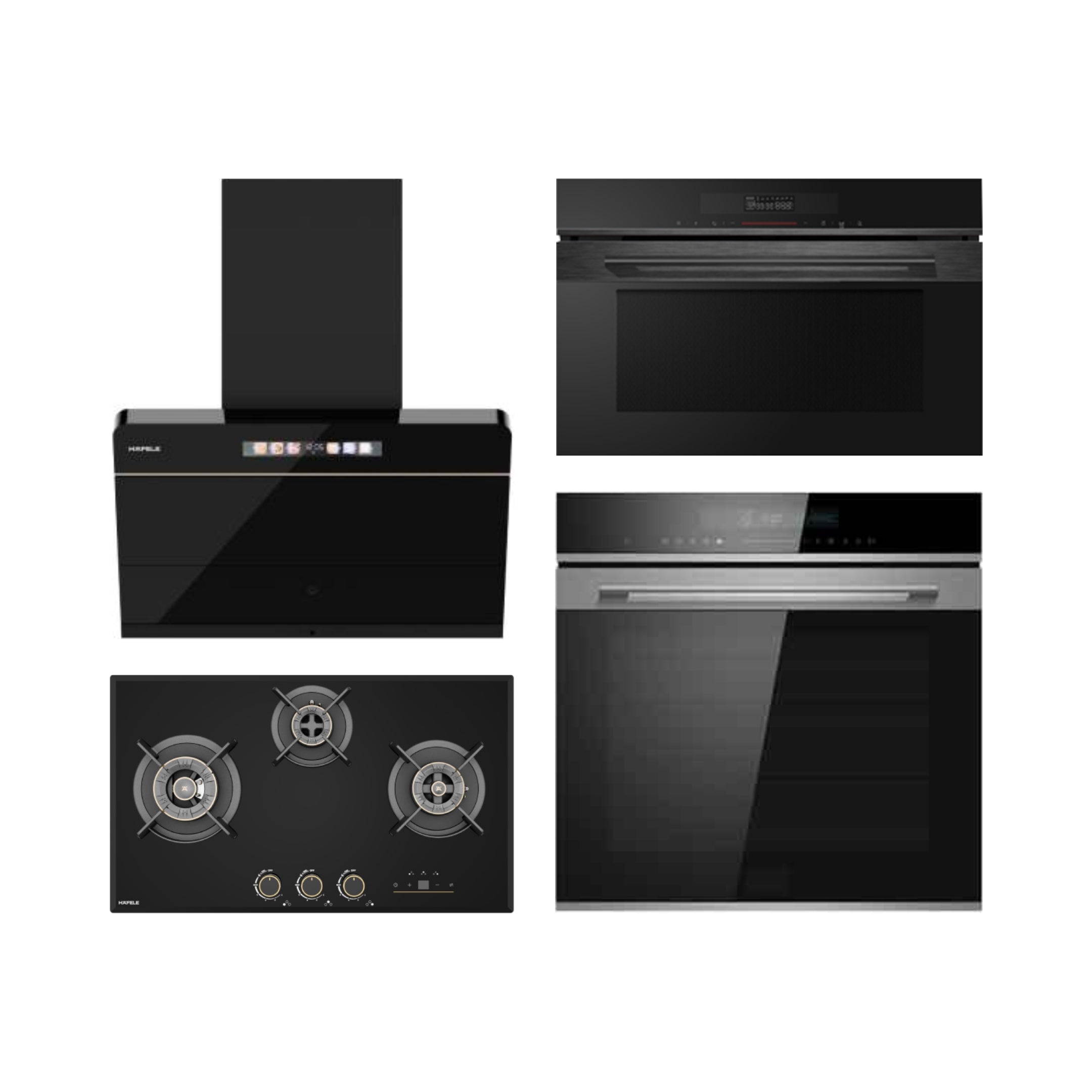 Hafele Built In Oven DIAMOND 77 BIO + Hafele Built-In Convection Microwave DIAMOND 34 MWO + Hafele 75 cm Wall Mounted Chimney TERESA NEO I-75 BLDC + Hafele 75 cm 3 Burner Hob Cronus Series CRONUS 378