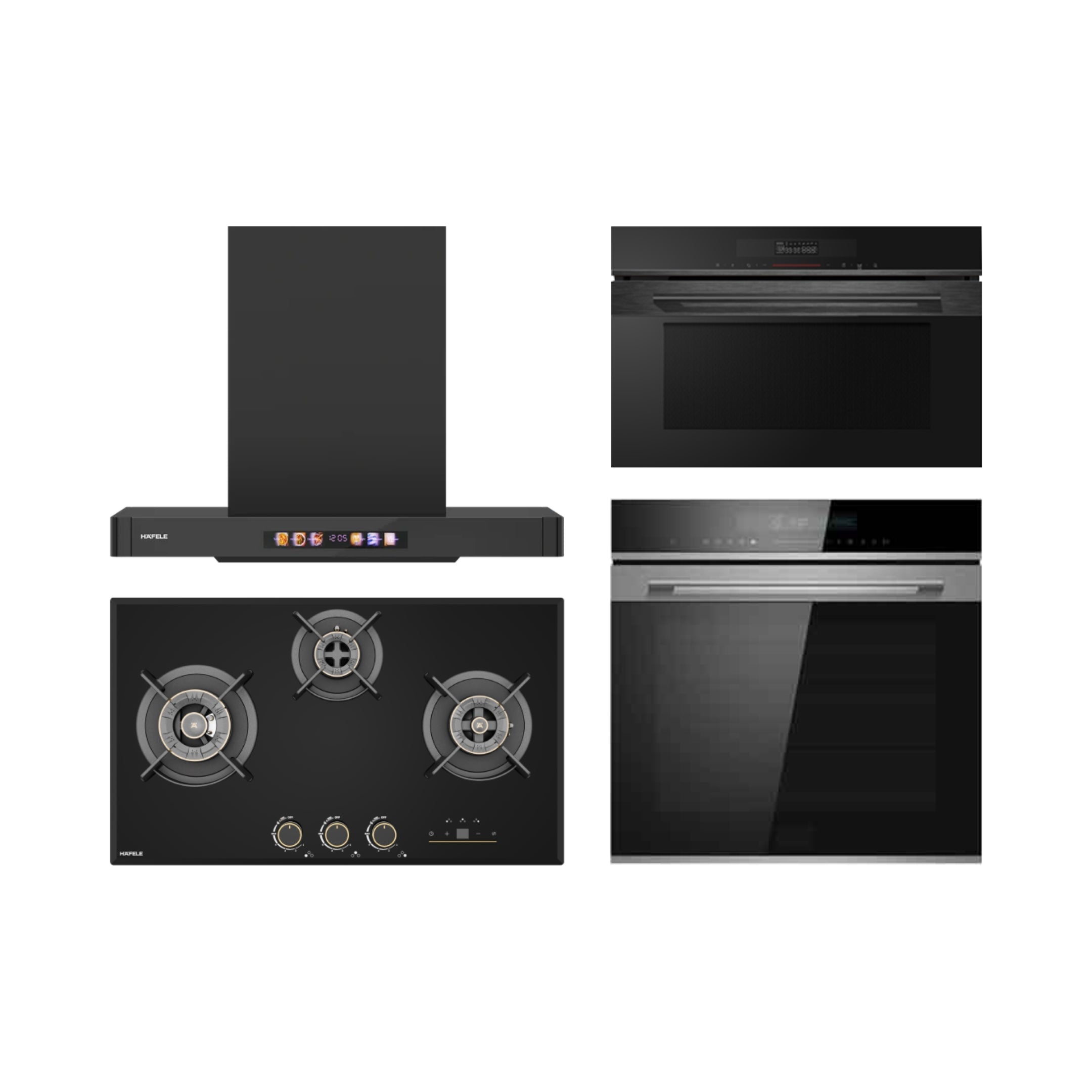 Hafele Built In Oven DIAMOND 77 BIO + Hafele Built-In Convection Microwave DIAMOND 34 MWO + Hafele 75 cm Wall Mounted Chimney TERESA T-75 BLDC + Hafele 75 cm 3 Burner Hob Cronus Series CRONUS 378