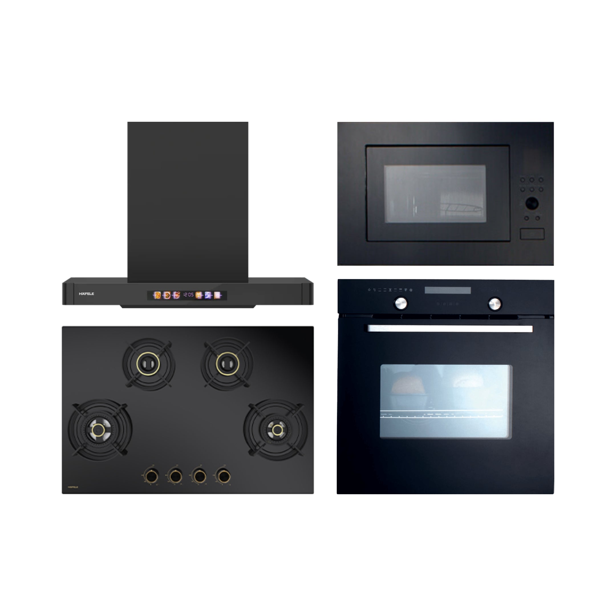 Hafele Built In Oven CELIA 70 + Hafele Built-In Microwave AIDA 28 + Hafele 75 cm Wall Mounted Chimney TERESA T-75 BLDC + Hafele 80 cm 4 Burner Hob Vesta Series VESTA 480