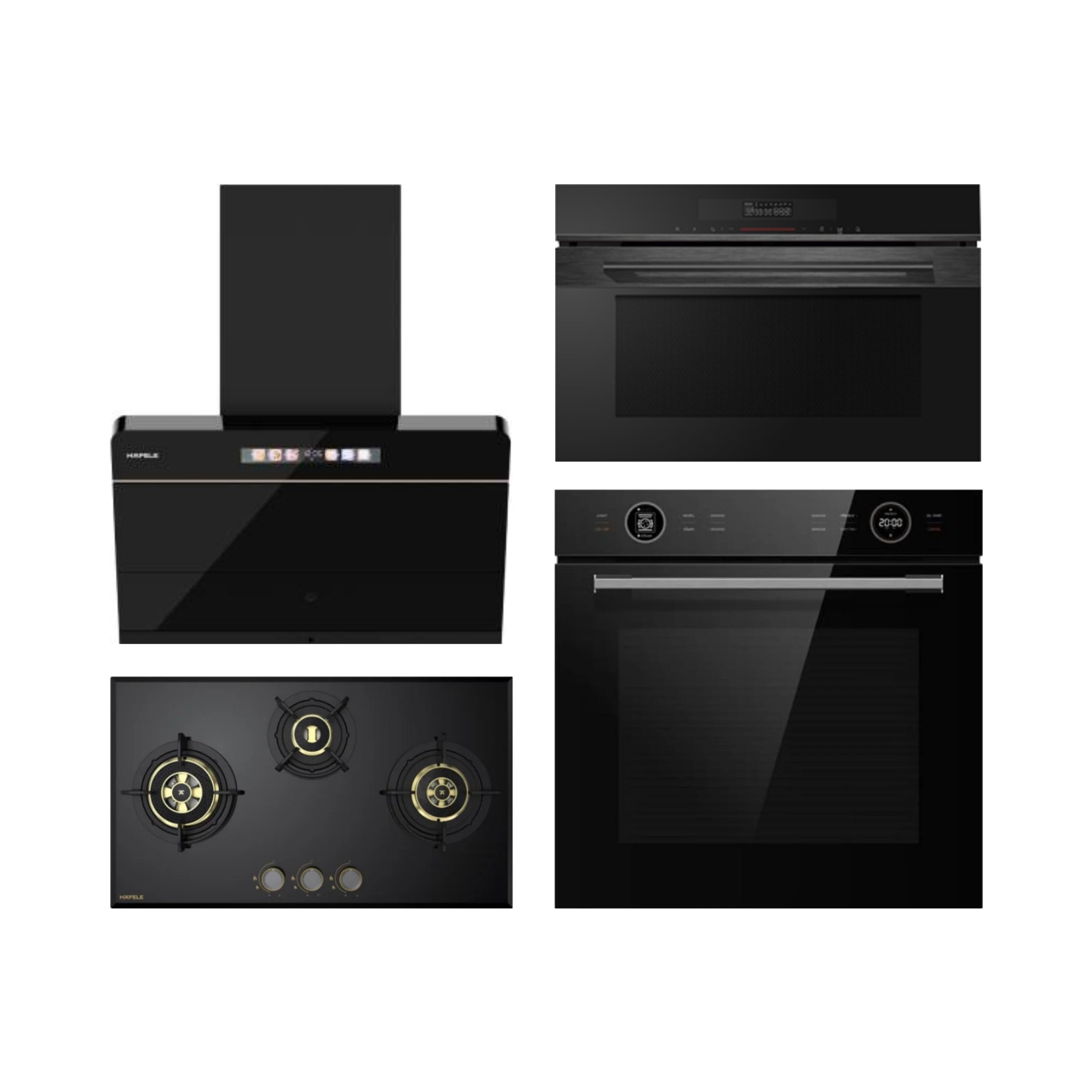 Hafele Built In Oven ORB 72 BIO + Hafele Built-In Convection Microwave DIAMOND 34 MWO + Hafele 75 cm Wall Mounted Chimney TERESA NEO I-75 BLDC + Hafele 78 cm 3 Burner Hob Altius Plus Series ALTIUS PLUS 378