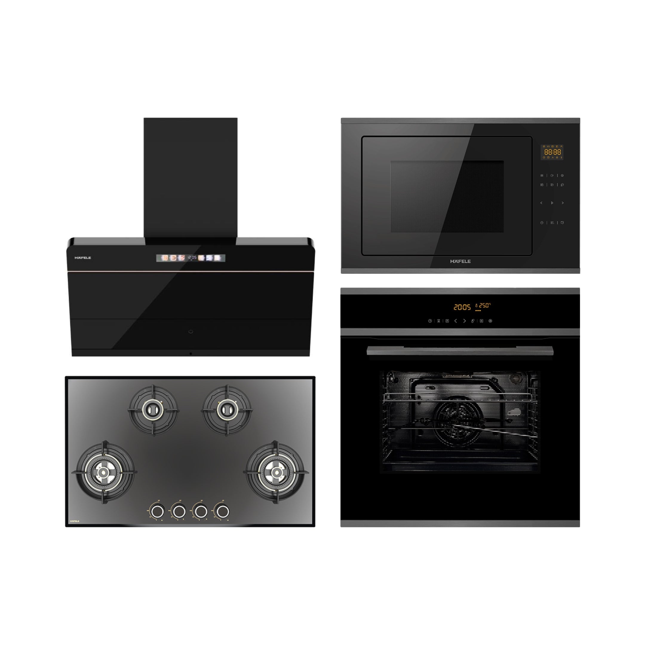 Hafele Built In Oven J70 BIO PLUS + Hafele Built-In Convection Microwave J34 MWO PLUS + Hafele 90 cm Wall Mounted Chimney TERESA NEO I-90 BLDC + Hafele 86 cm 4 Burner Hob Altius Series ALTIUS FS 490