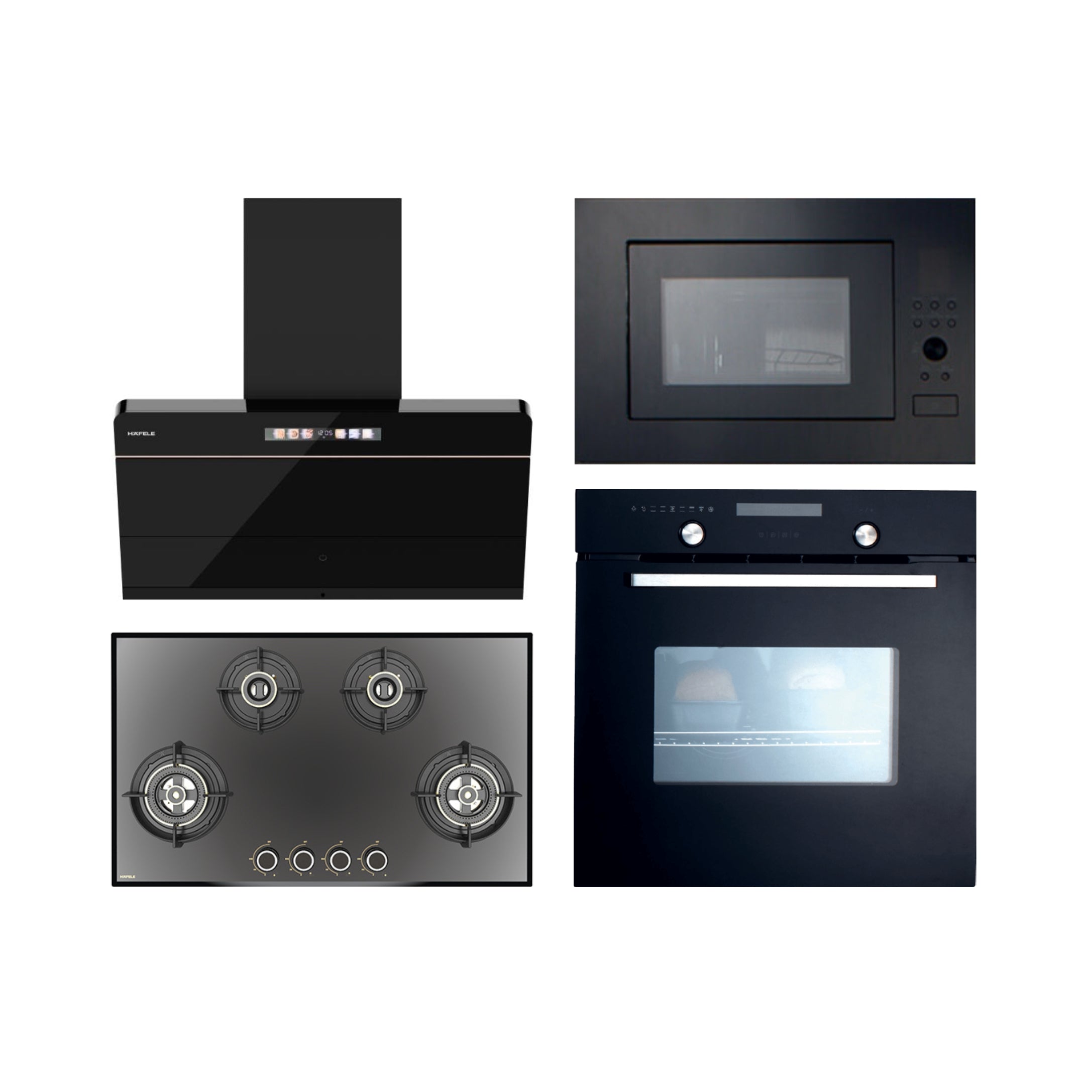 Hafele Built In Oven CELIA 70 + Hafele Built-In Microwave AIDA 28 + Hafele 90 cm Wall Mounted Chimney TERESA NEO I-90 BLDC + Hafele 86 cm 4 Burner Hob Altius Series ALTIUS FS 490