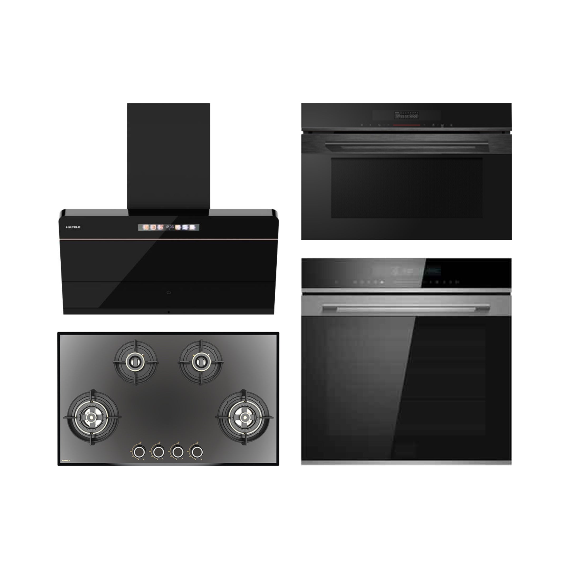 Hafele Built In Oven DIAMOND 77 BIO + Hafele Built-In Convection Microwave DIAMOND 34 MWO + Hafele 90 cm Wall Mounted Chimney TERESA NEO I-90 BLDC + Hafele 86 cm 4 Burner Hob Altius Series ALTIUS FS 490