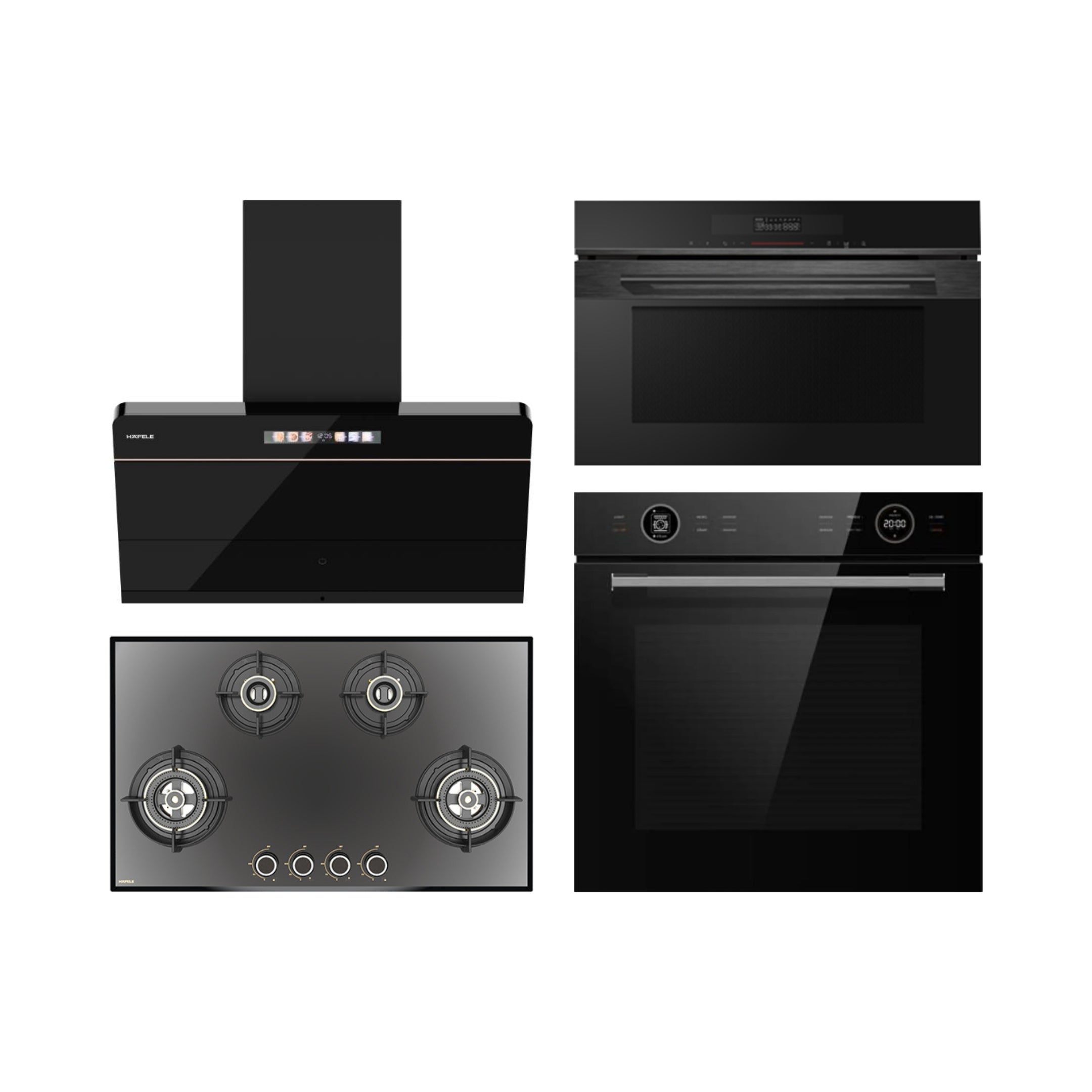 Hafele Built In Oven ORB 72 BIO + Hafele Built-In Convection Microwave DIAMOND 34 MWO + Hafele 90 cm Wall Mounted Chimney TERESA NEO I-90 BLDC + Hafele 86 cm 4 Burner Hob Altius Series ALTIUS FS 490