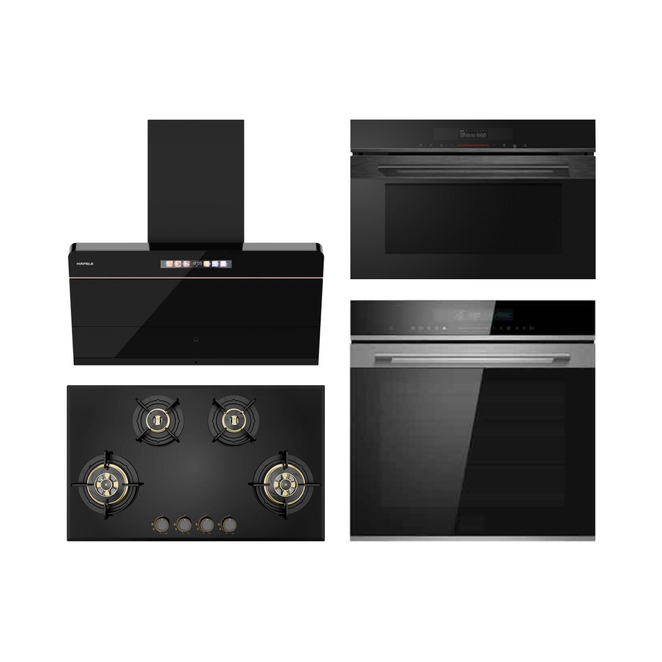 Hafele Built In Oven DIAMOND 77 BIO + Hafele Built-In Convection Microwave DIAMOND 34 MWO + Hafele 90 cm Wall Mounted Chimney TERESA NEO I-90 BLDC + Hafele 86 cm 4 Burner Hob Altius Plus Series ALTIUS PLUS 490