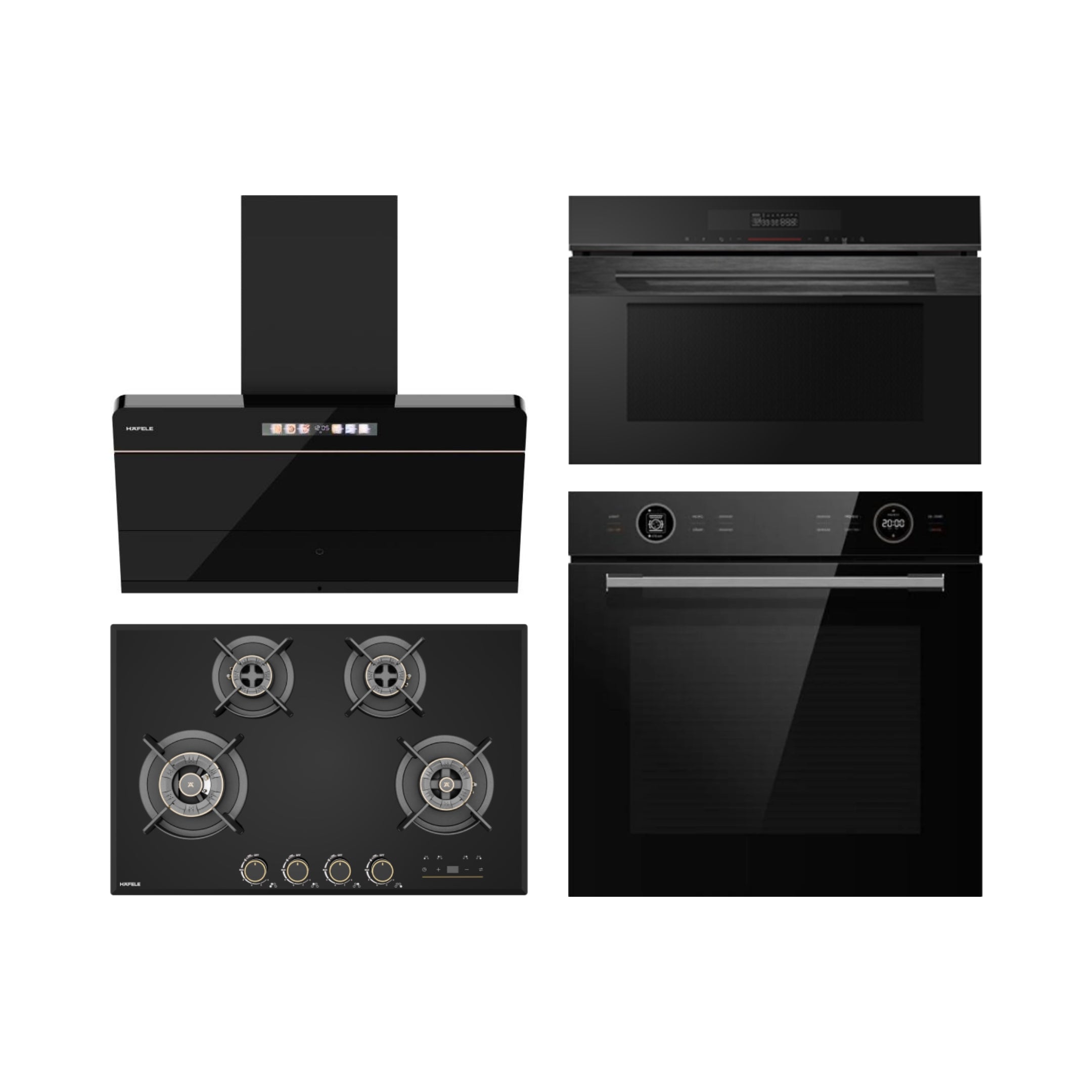 Hafele Built In Oven ORB 72 BIO + Hafele Built-In Convection Microwave DIAMOND 34 MWO + Hafele 90 cm Wall Mounted Chimney TERESA NEO I-90 BLDC + Hafele 80 cm 4 Burner Hob Cronus Series CRONUS 480