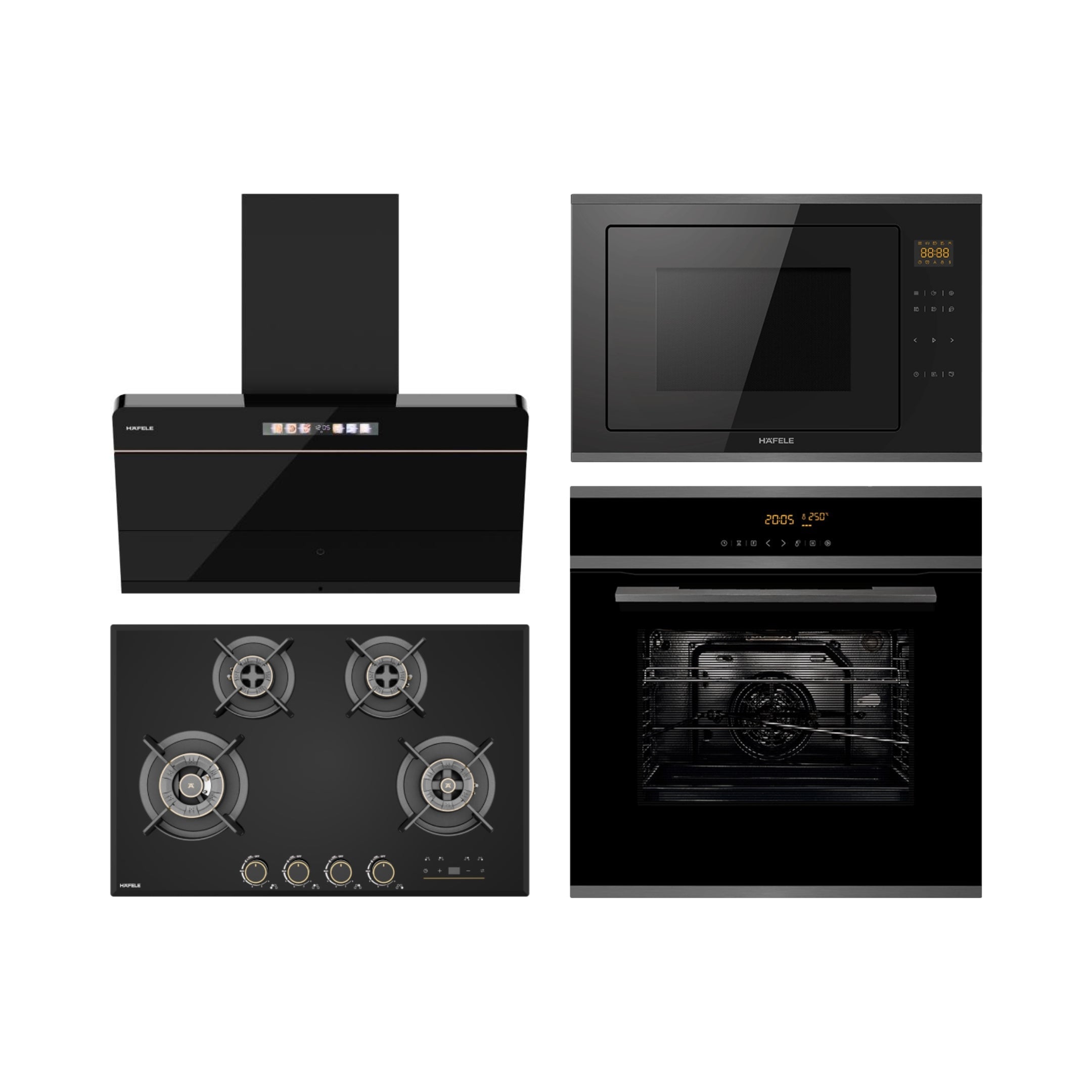 Hafele Built In Oven J70 BIO PLUS + Hafele Built-In Convection Microwave J34 MWO PLUS + Hafele 90 cm Wall Mounted Chimney TERESA NEO I-90 BLDC + Hafele 80 cm 4 Burner Hob Cronus Series CRONUS 480