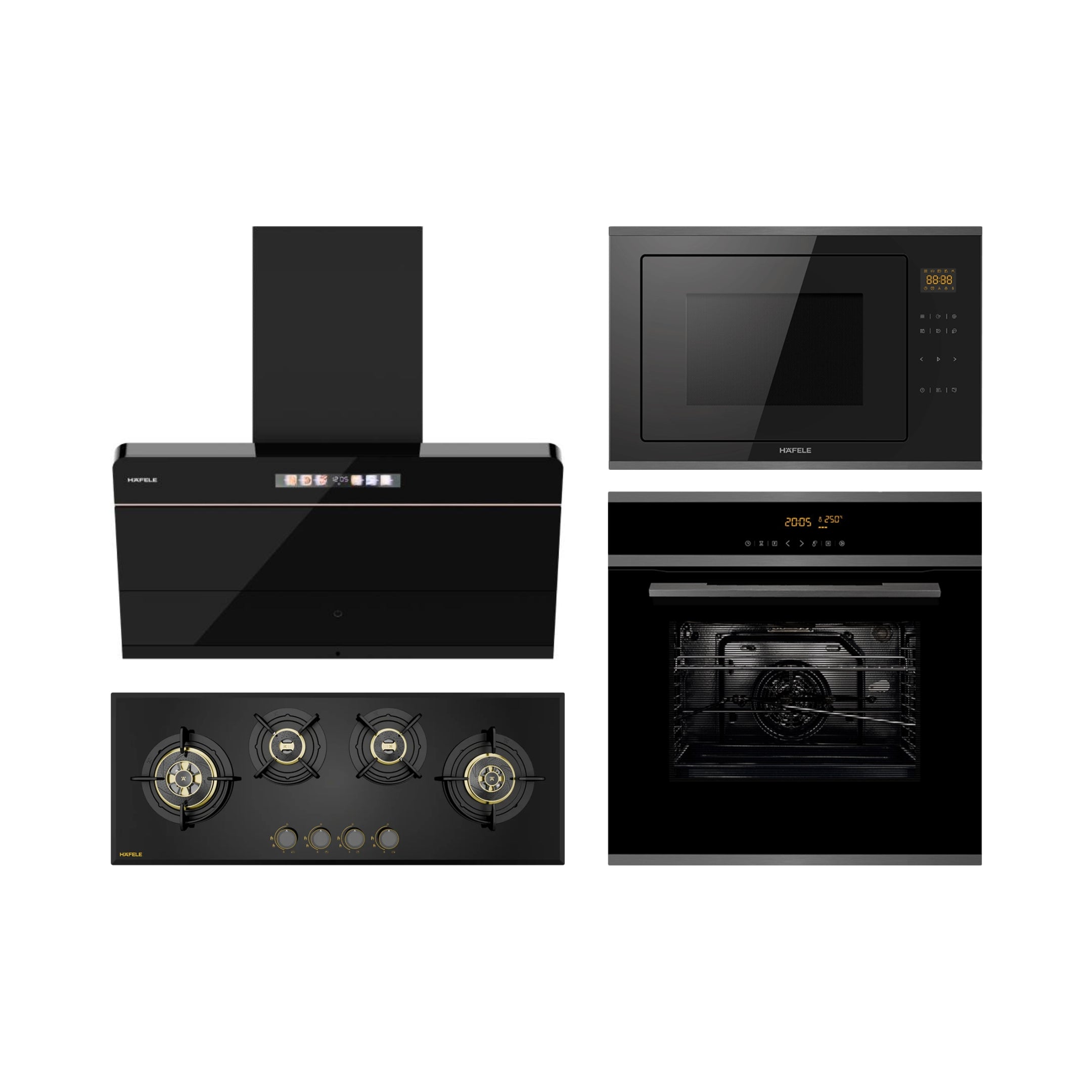 Hafele Built In Oven J70 BIO PLUS + Hafele Built-In Convection Microwave J34 MWO PLUS + Hafele 90 cm Wall Mounted Chimney TERESA NEO I-90 BLDC + Hafele 100 cm 4 Burner Hob Altius Plus Series ALTIUS PLUS 000