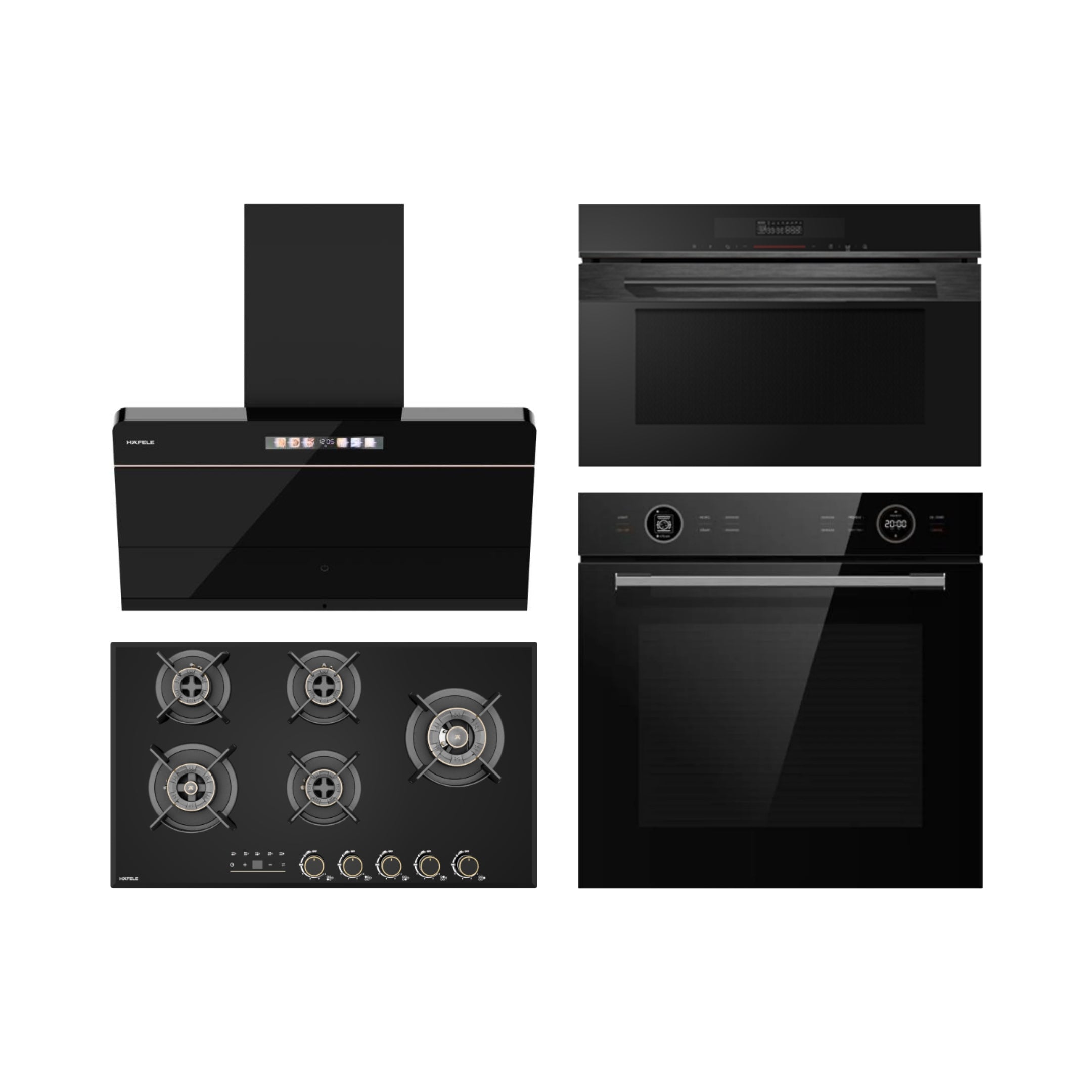 Hafele Built In Oven ORB 72 BIO + Hafele Built-In Convection Microwave DIAMOND 34 MWO + Hafele 90 cm Wall Mounted Chimney TERESA NEO I-90 BLDC + Hafele 90 cm 5 Burner Hob Cronus Series CRONUS 590