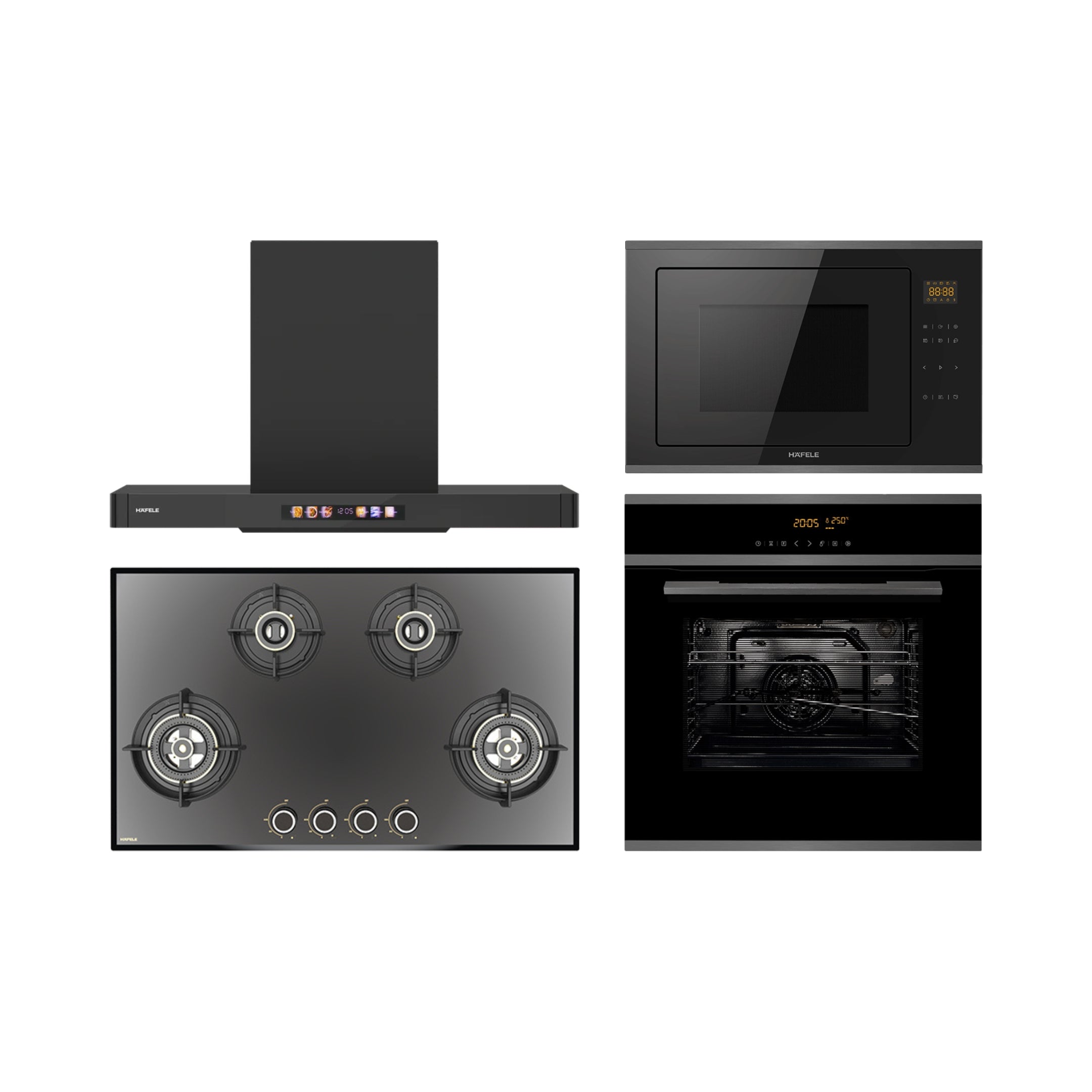 Hafele Built In Oven J70 BIO PLUS + Hafele Built-In Convection Microwave J34 MWO PLUS + Hafele 90 cm Wall Mounted Chimney TERESA T-90 BLDC + Hafele 86 cm 4 Burner Hob Altius Series ALTIUS FS 490