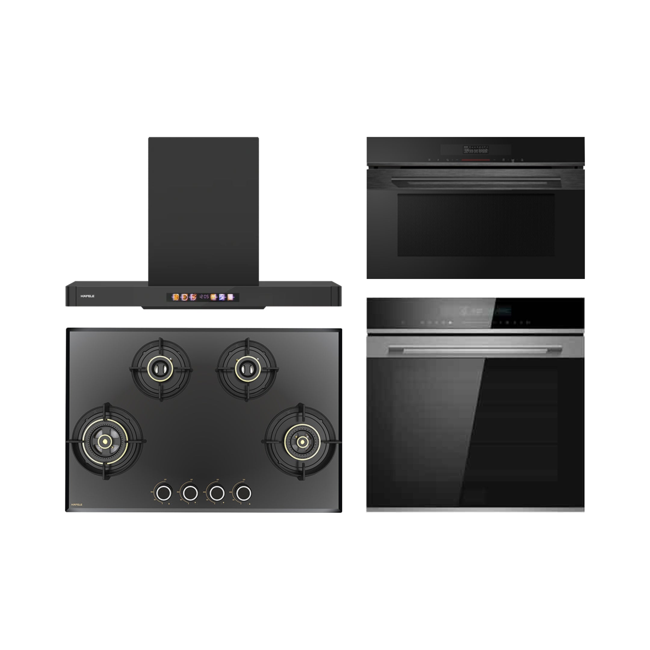 Hafele Built In Oven DIAMOND 77 BIO + Hafele Built-In Convection Microwave DIAMOND 34 MWO + Hafele 90 cm Wall Mounted Chimney TERESA T-90 BLDC + Hafele 78 cm 4 Burner Hob Altius Series ALTIUS FS 480
