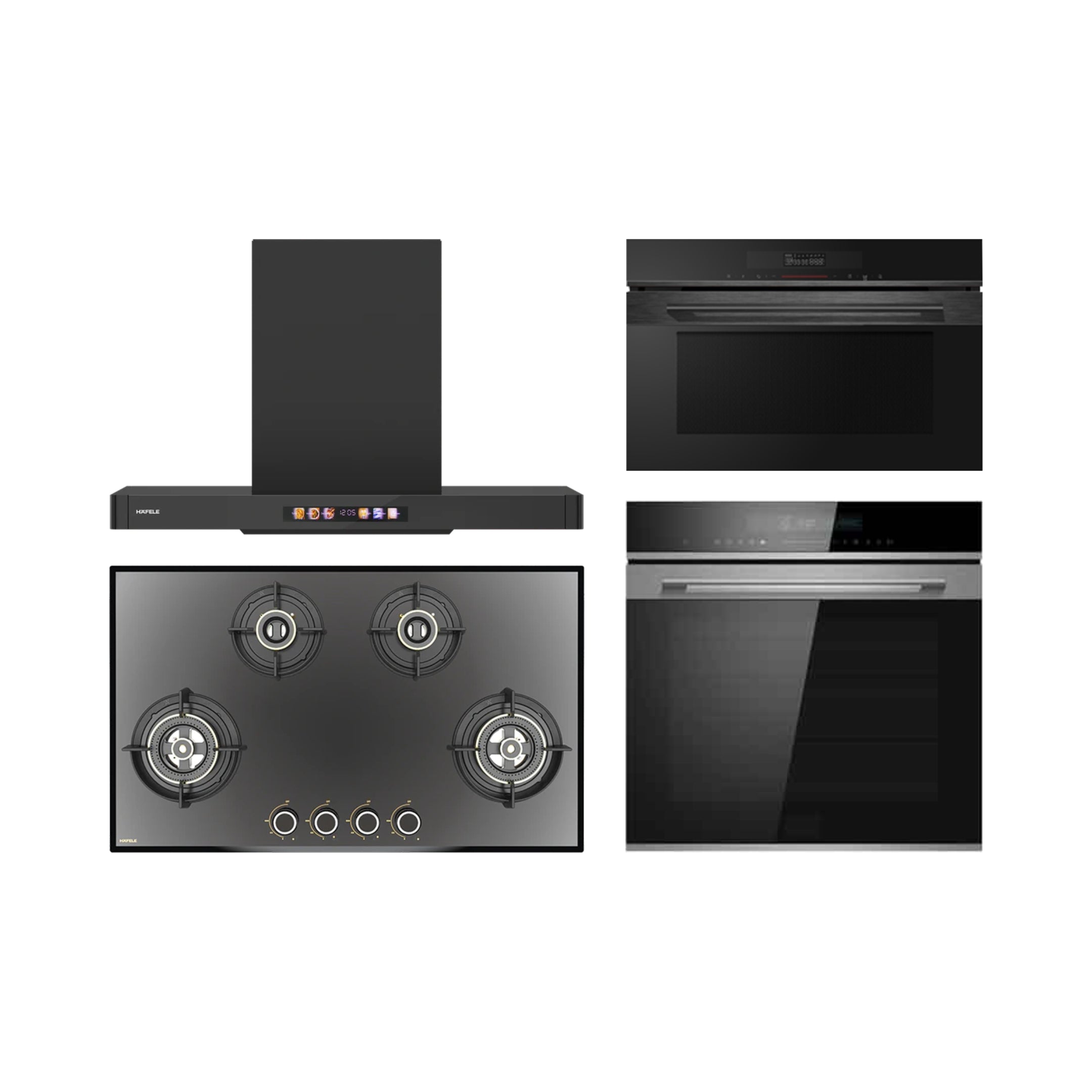 Hafele Built In Oven DIAMOND 77 BIO + Hafele Built-In Convection Microwave DIAMOND 34 MWO + Hafele 90 cm Wall Mounted Chimney TERESA T-90 BLDC + Hafele 86 cm 4 Burner Hob Altius Plus Matt Series ALTIUS PLUS MATT GLASS 490