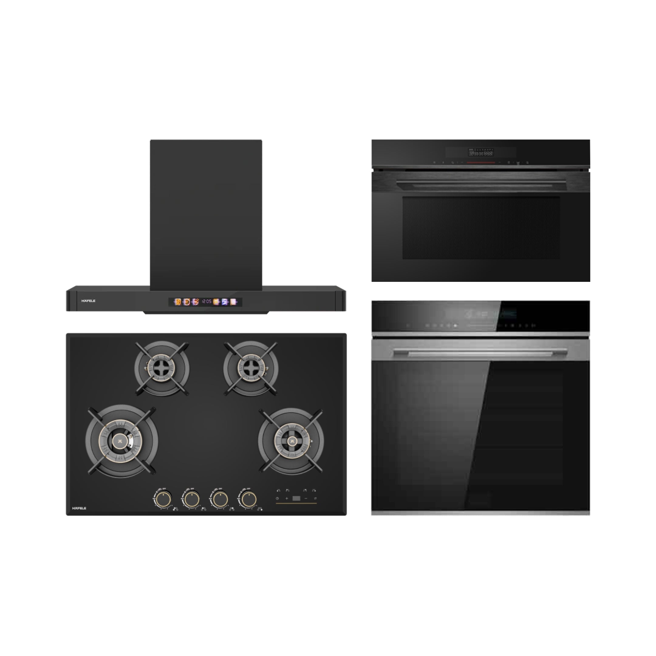 Hafele Built In Oven DIAMOND 77 BIO + Hafele Built-In Convection Microwave DIAMOND 34 MWO + Hafele 90 cm Wall Mounted Chimney TERESA T-90 BLDC + Hafele 80 cm 4 Burner Hob Cronus Series CRONUS 480