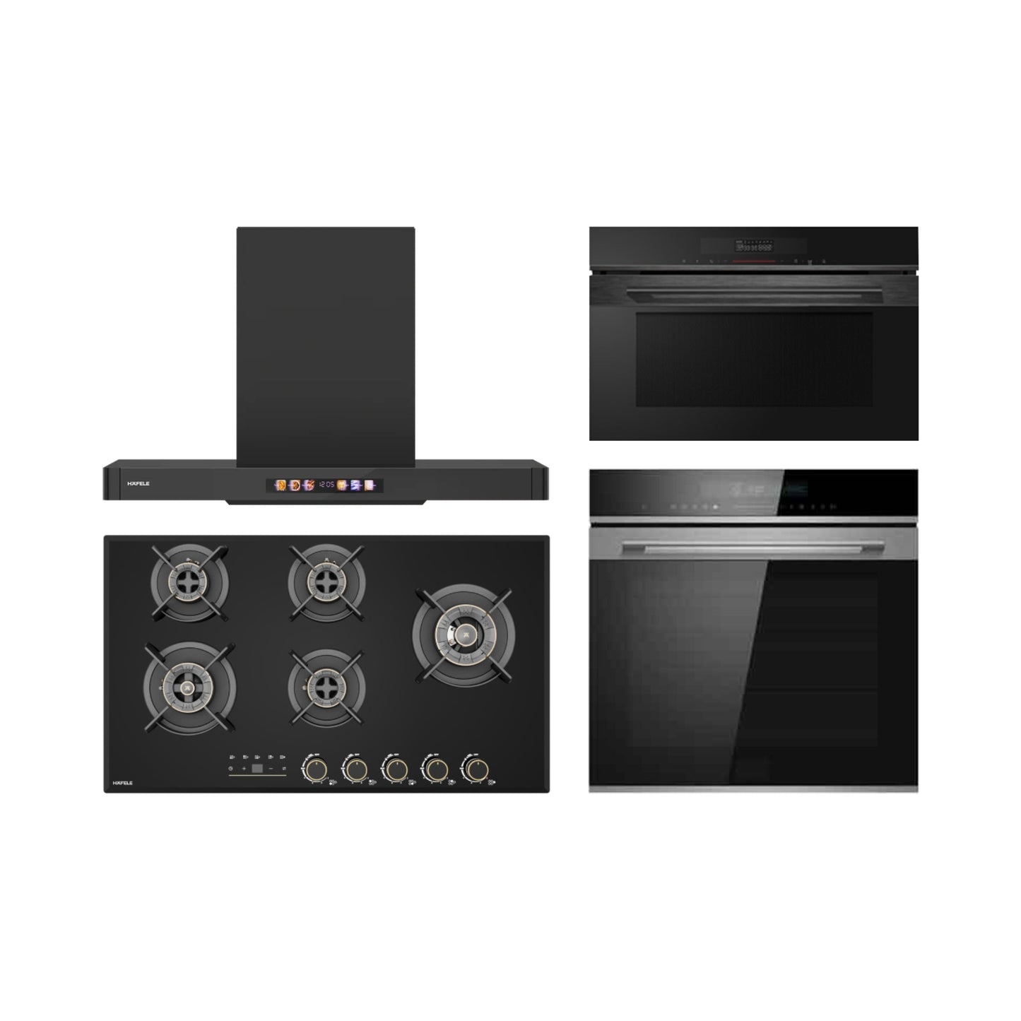 Hafele Built In Oven DIAMOND 77 BIO + Hafele Built-In Convection Microwave DIAMOND 34 MWO + Hafele 90 cm Wall Mounted Chimney TERESA T-90 BLDC + Hafele 90 cm 5 Burner Hob Cronus Series CRONUS 590