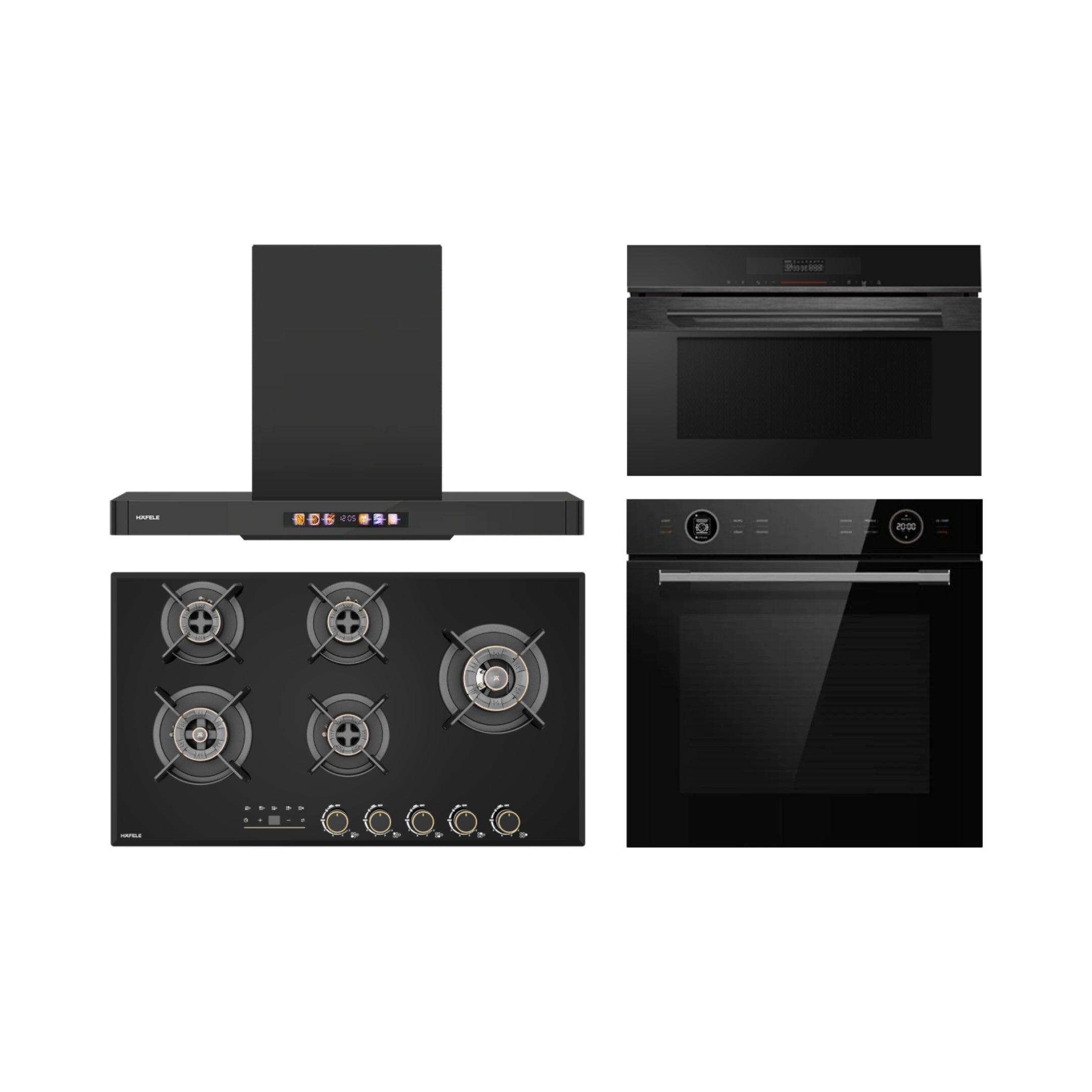 Hafele Built In Oven ORB 72 BIO + Hafele Built-In Convection Microwave DIAMOND 34 MWO + Hafele 90 cm Wall Mounted Chimney TERESA T-90 BLDC + Hafele 90 cm 5 Burner Hob Cronus Series CRONUS 590