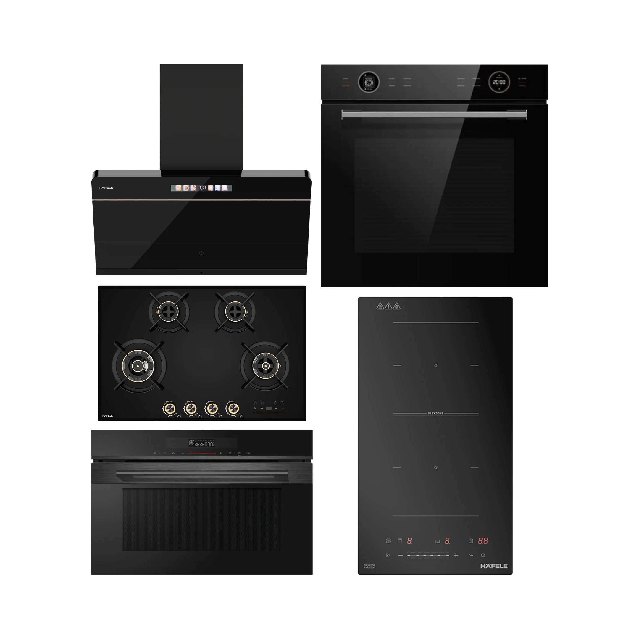 Hafele Built In Oven DIAMOND 77 BIO + Hafele Built-In Convection Microwave DIAMOND 34 MWO + Hafele 90 cm Wall Mounted Chimney TERESA NEO I-90 BLDC + Hafele 86 cm 4 Burner Hob Altius Plus Matt Series ALTIUS PLUS MATT GLASS 490 + Hafele 2 Zones Induction Hob NERO 30