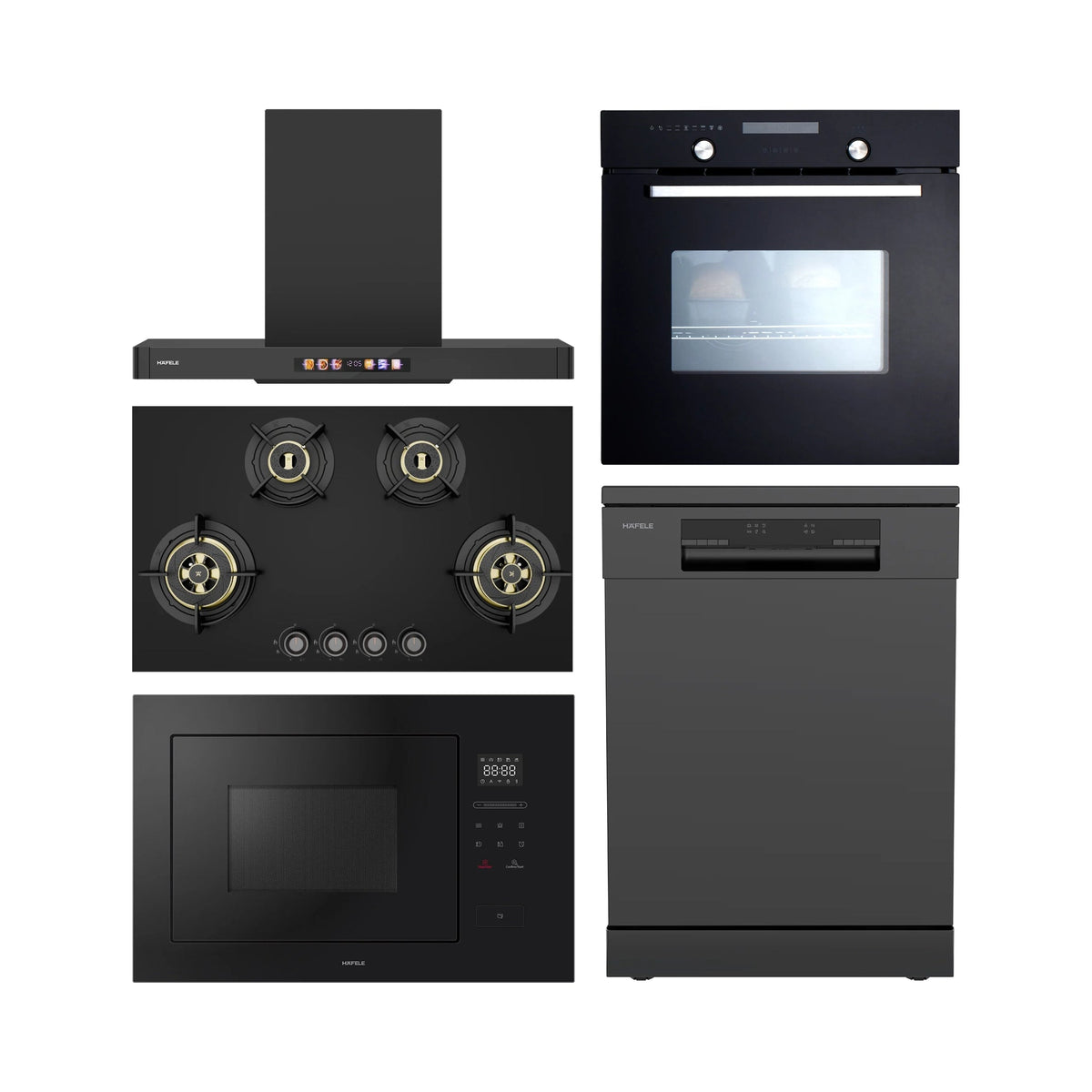 Hafele Built In Oven CELIA 70 + Hafele Built-In Microwave AIDA 28 + Hafele 90 cm Wall Mounted Chimney TERESA T-90 BLDC + Hafele 86 cm 4 Burner Hob Altius Plus Matt Series ALTIUS PLUS MATT GLASS 490 + Hafele Free Standing Dishwasher AQUA NOIR 13 FS with 13 Place Settings