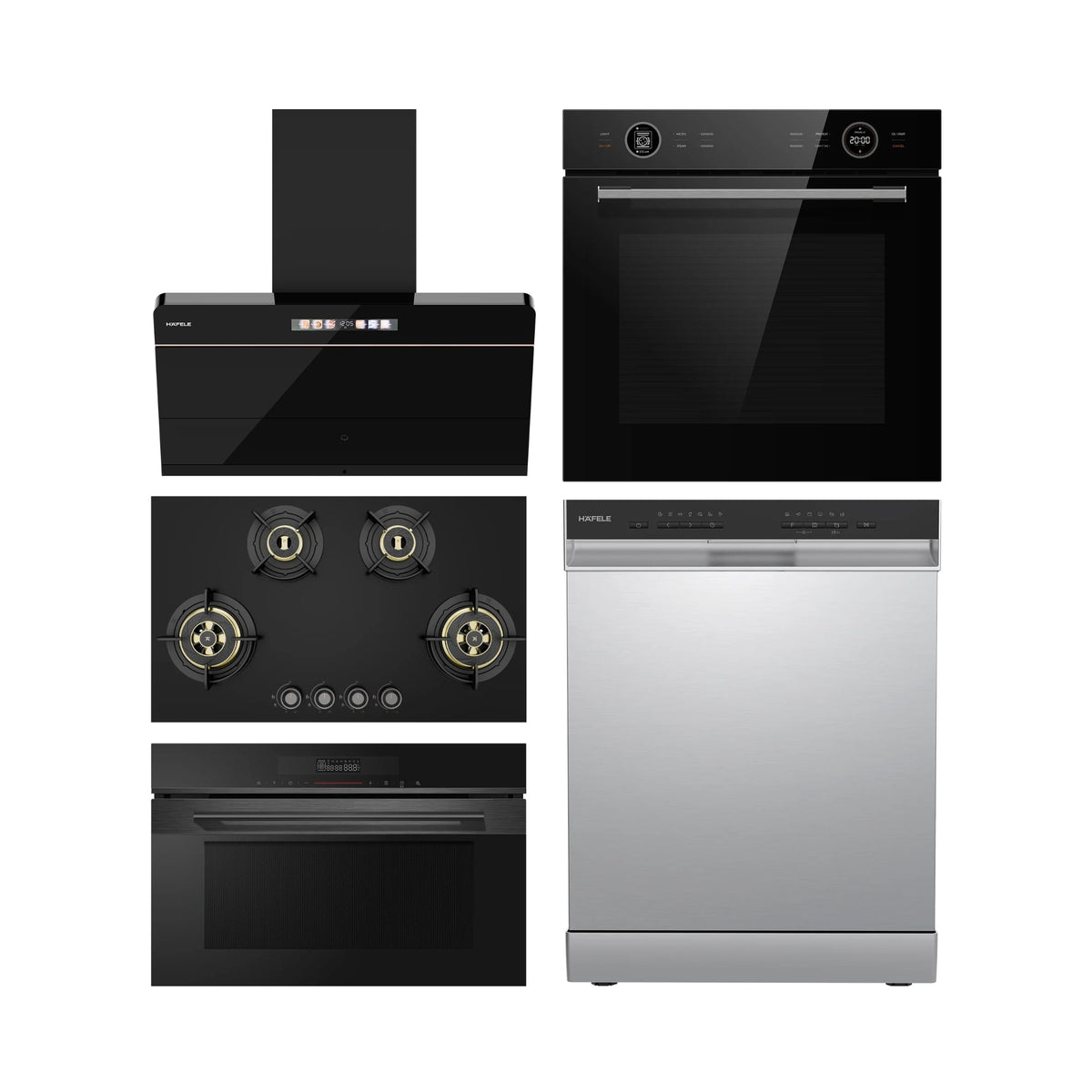 Hafele Built In Oven ORB 72 BIO + Hafele Built-In Convection Microwave DIAMOND 34 MWO + Hafele 90 cm Wall Mounted Chimney TERESA NEO I-90 BLDC + Hafele 86 cm 4 Burner Hob Altius Plus Series ALTIUS PLUS 490 + Hafele Semi Built in Dishwasher ACERO 15PS SI with 15 Place Settings