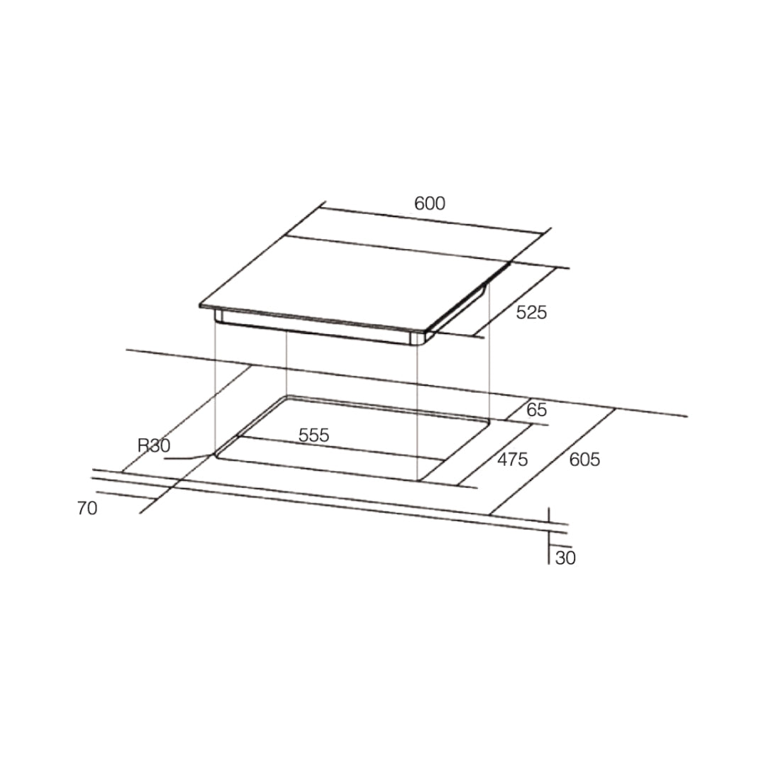 Hafele 60 cm Wall Mounted Chimney Essentia Series RENATA INCLINED 60 + Hafele 60 cm 3 Burner Hob Essentia Series VERENA 360