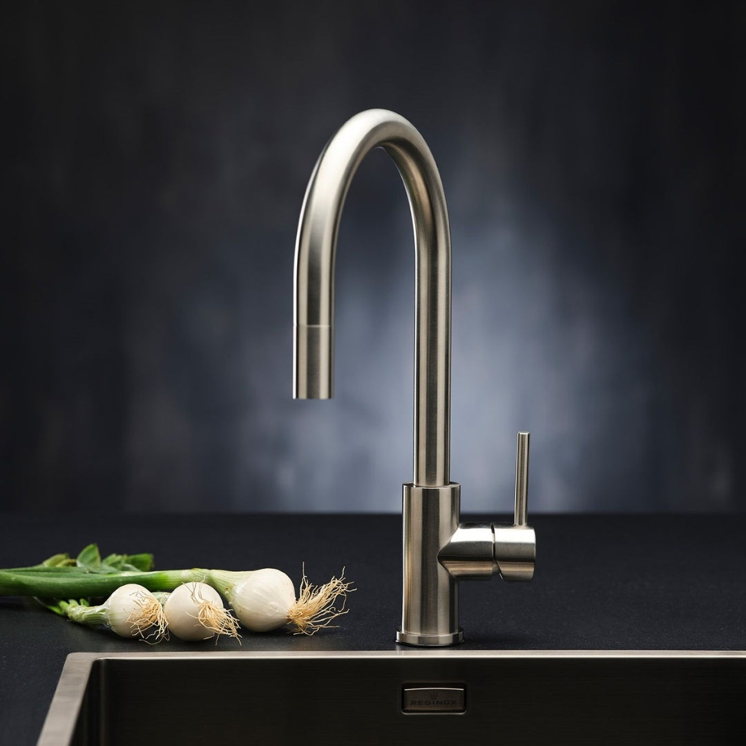 Reginox Table Mounted Pull-Down Kitchen Sink Mixer HURON with Swinging Spout in Stainless Steel Finish