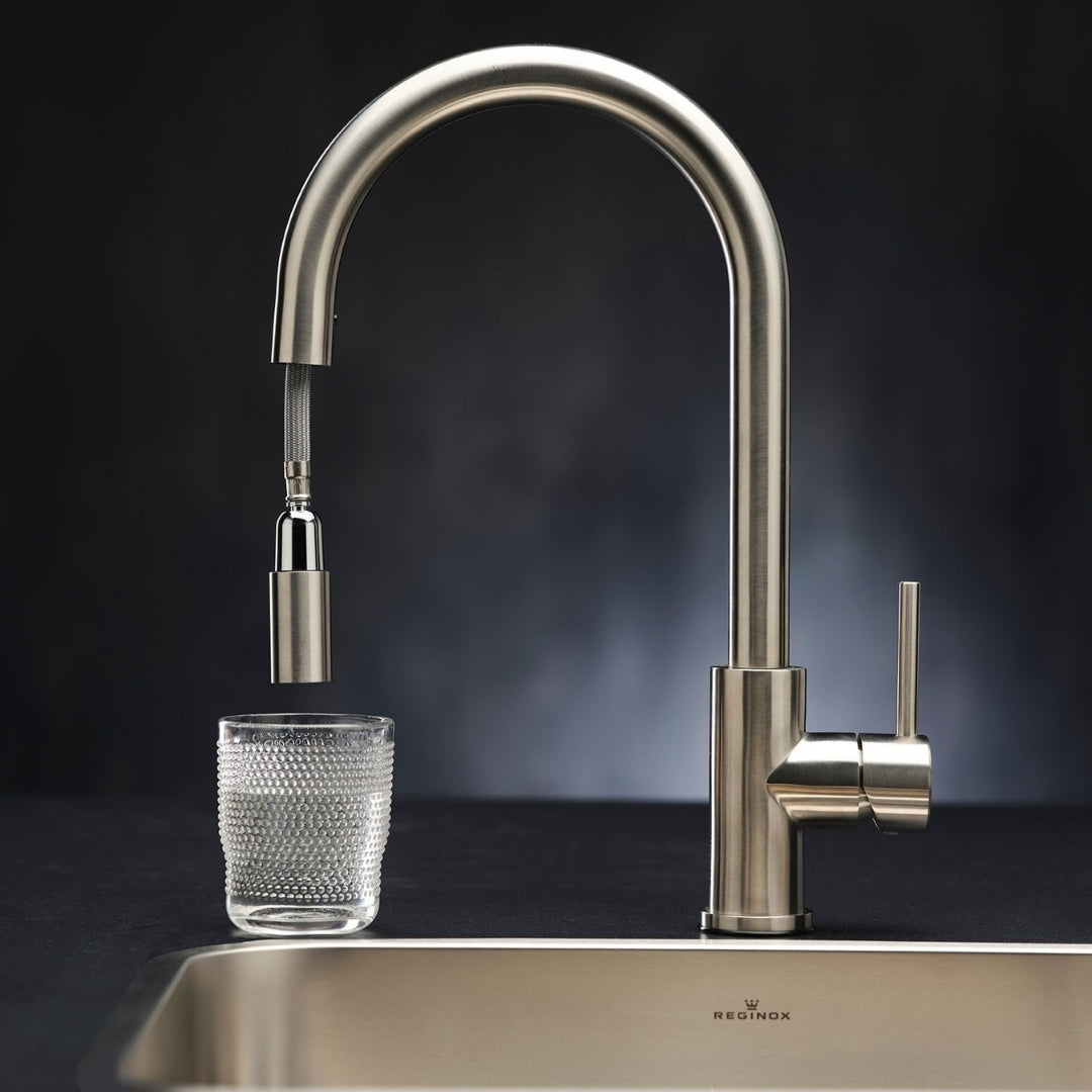 Reginox Table Mounted Pull-Down Kitchen Sink Mixer HURON with Swinging Spout in Stainless Steel Finish