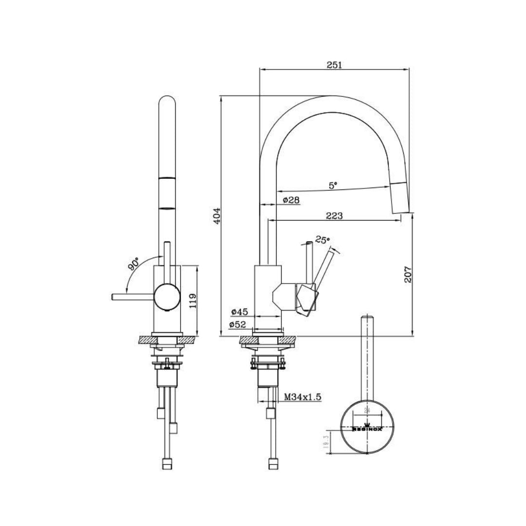 Reginox Table Mounted Pull-Down Kitchen Sink Mixer HURON with Swinging Spout in Stainless Steel Finish