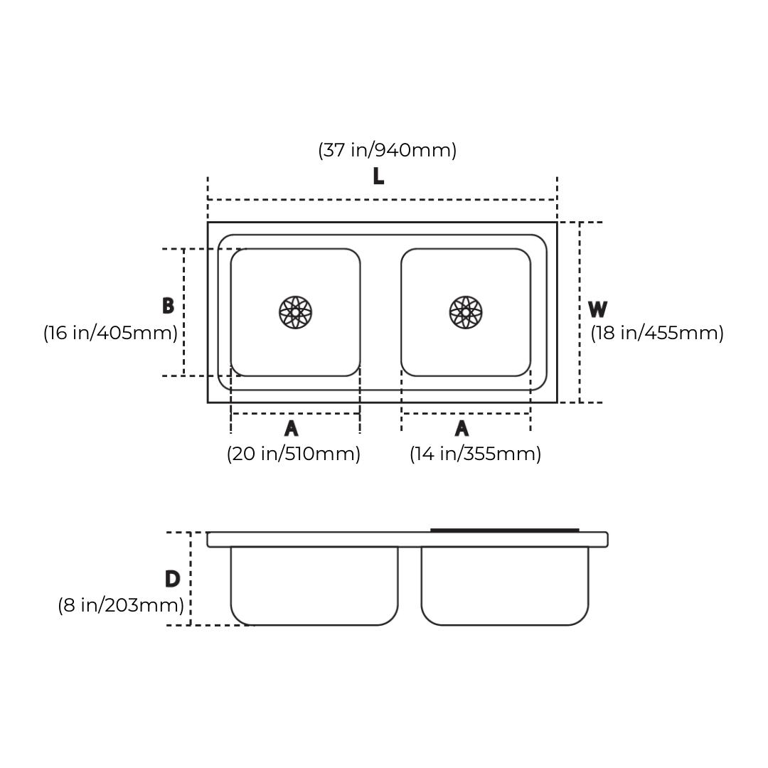 Hindware Stainless Steel Sink Undermount Series DOUBLE BOWL IMPERIO UM 37 x 18 x 8 ( 37 x 18 inches ) - Matt