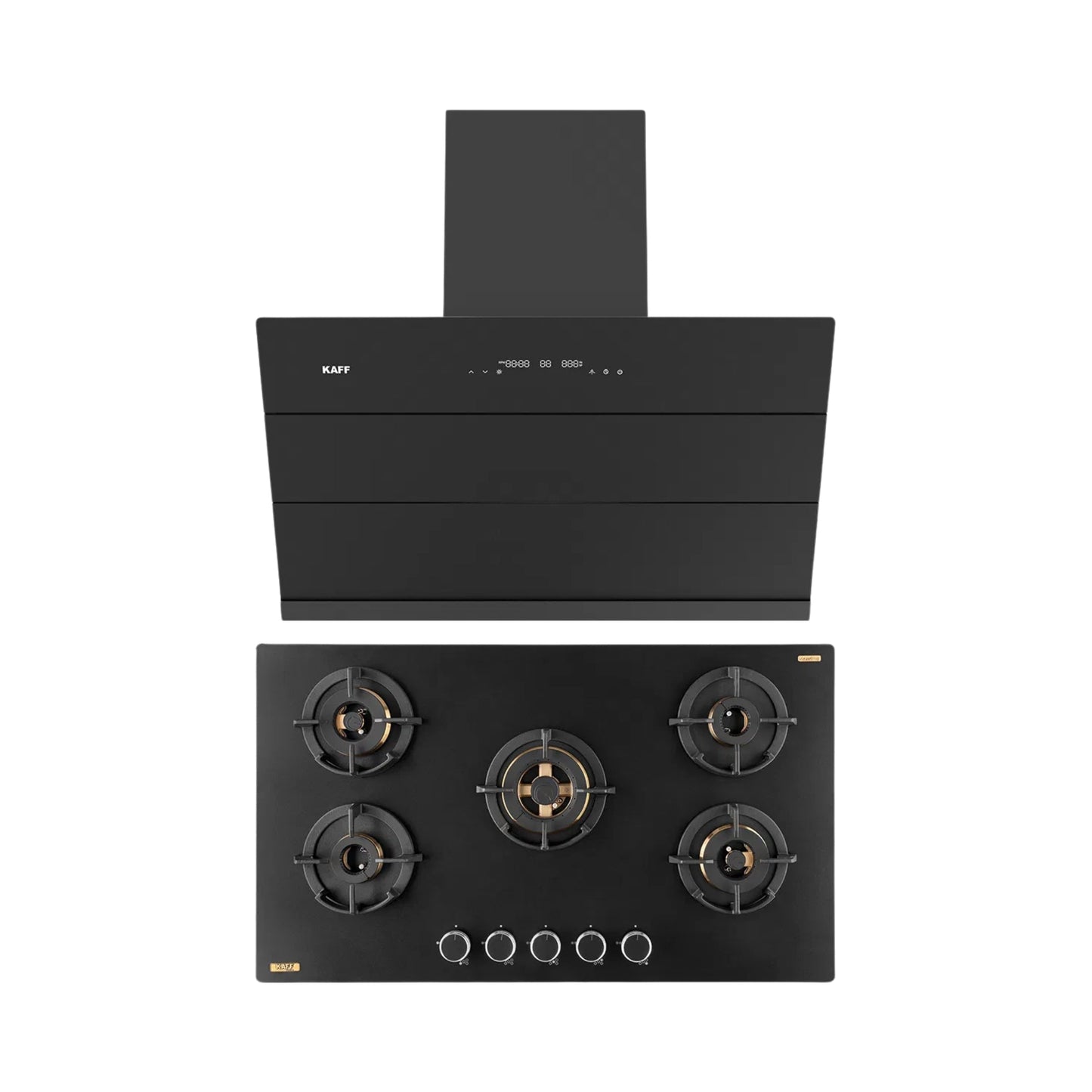 Kaff 90 cm Wall Mounted Chimney ALBURY SUPER 90 DC BLDC + Kaff 86 cm 5 Burner Hob Massimo MSM 865X