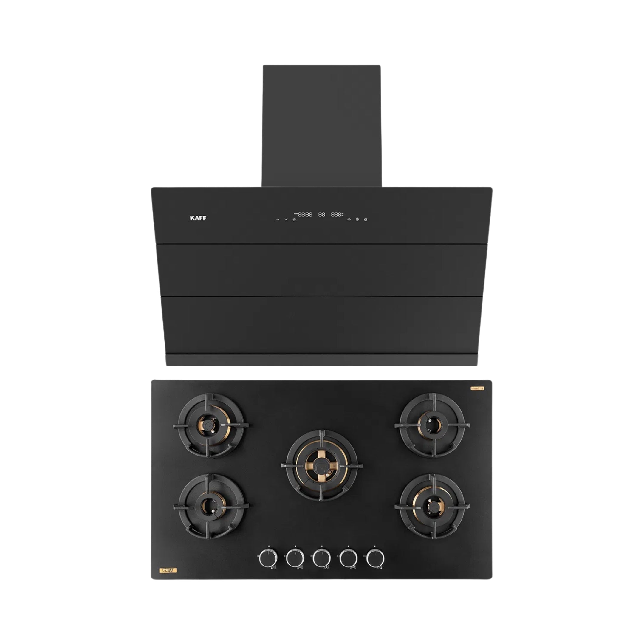 Kaff 90 cm Wall Mounted Chimney ALBURY SUPER 90 DC BLDC + Kaff 86 cm 5 Burner Hob Massimo MSM 865X