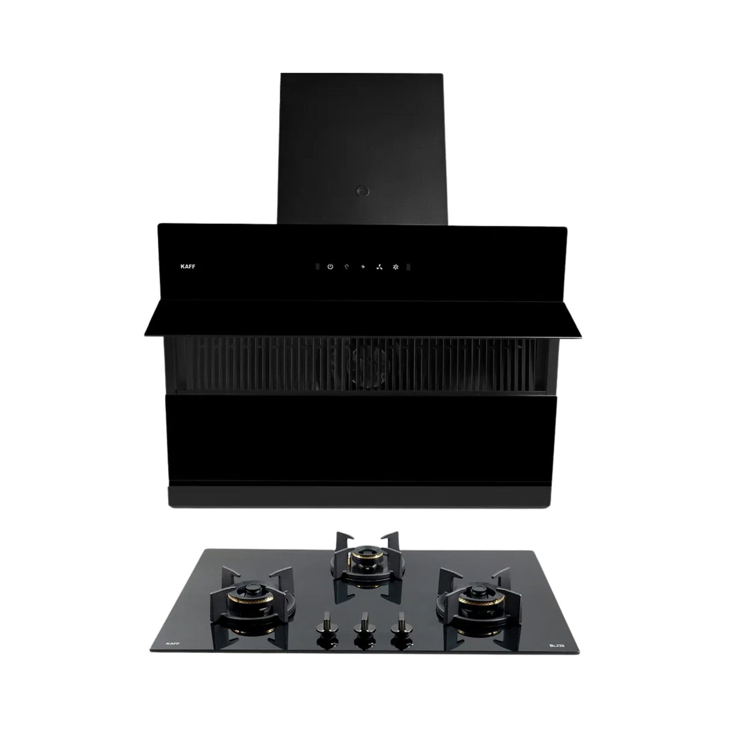 Kaff 75 cm Wall Mounted Chimney Filterless Series NOBELO LX DHC 75 + Kaff 78 cm 3 Burner Hob Blaze Series BZ 783