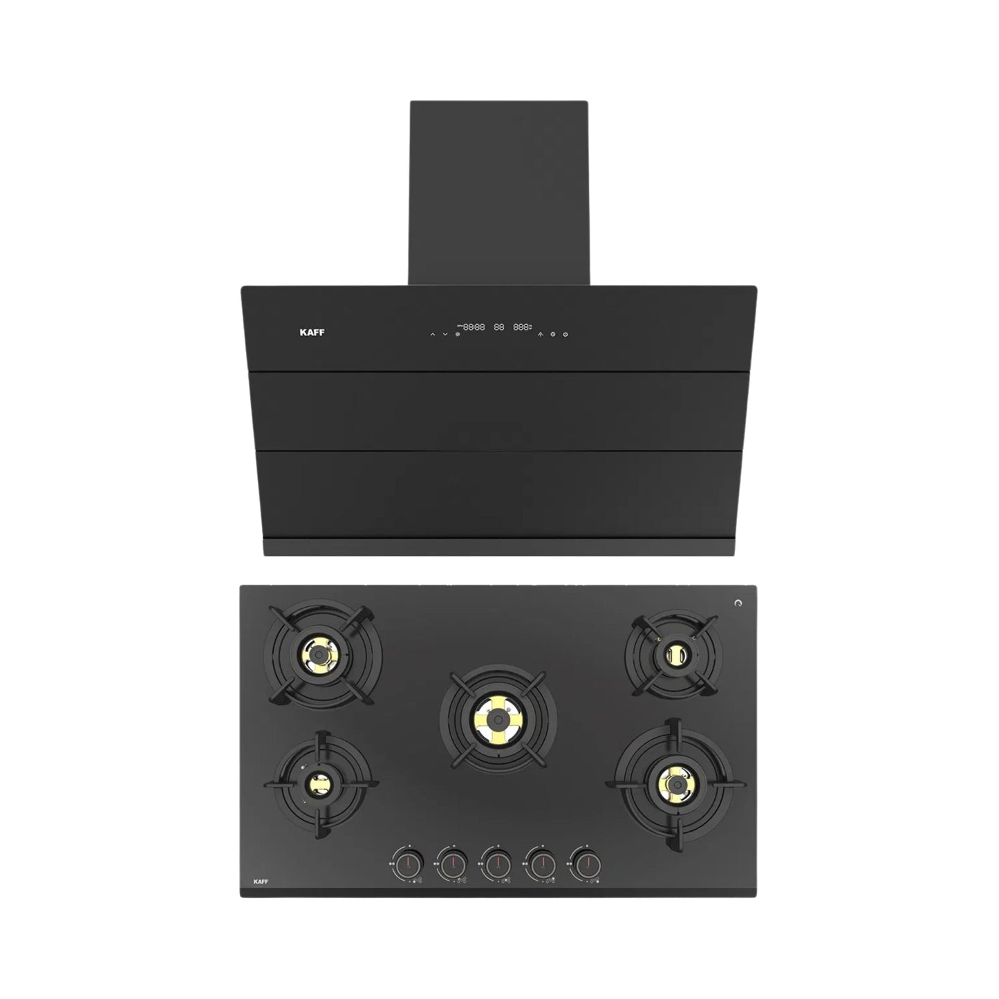 Kaff 90 cm Wall Mounted Chimney ALBURY SUPER 90 DC BLDC + Kaff 86 cm 5 Burner Hob Ashford ASF 865