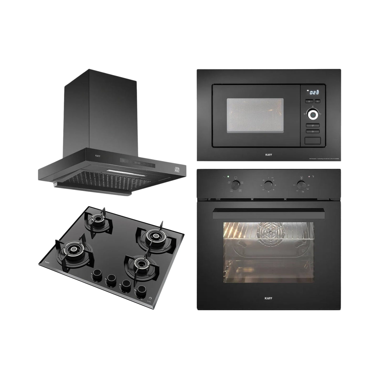 Kaff Built In Oven KOV 70 BA6 + Kaff Built-In Microwave KMW 5PJ BLK + Kaff 60 cm Wall Mounted Chimney ASHPRO 60 DC - BLDC + Kaff 60 cm 4 Burner Hob Alton ALNF 604