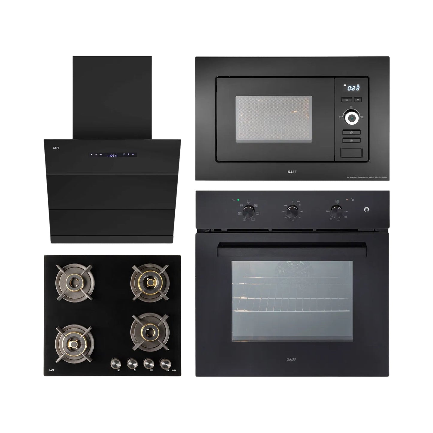 Kaff Built In Oven OV 83 ML7 + Kaff Built-In Microwave KMW 5PJ BLK + Kaff 60 cm Wall Mounted Chimney LYNN 60 DC BLDC + Kaff 60 cm 4 Burner Hob Infra INF 604