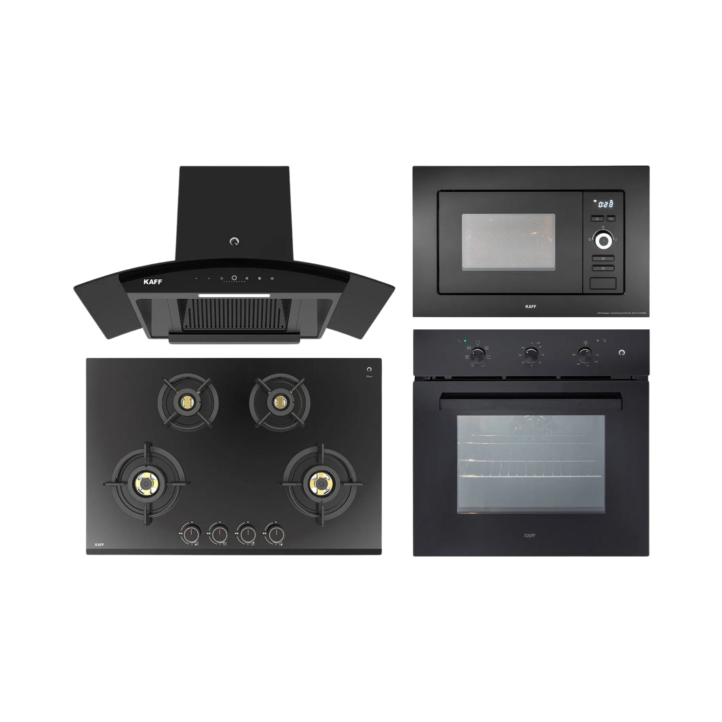 Kaff Built In Oven OV 83 ML7 + Kaff Built-In Microwave KMW 5PJ BLK + Kaff 75 cm Wall Mounted Chimney VASCO 75 DC - BLDC + Kaff 78 cm 4 Burner Hob Ashford ASF 784