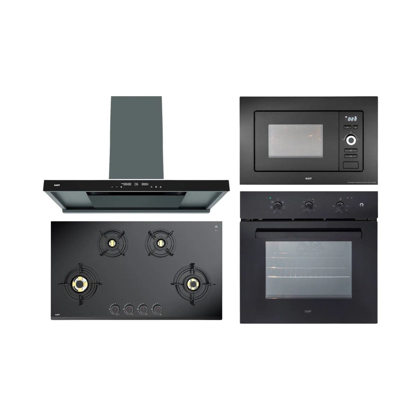 Kaff Built In Oven OV 83 ML7 + Kaff Built-In Microwave KMW 5PJ BLK + Kaff 90 cm Wall Mounted Chimney MISSONI 90 - BLDC + Kaff 90 cm 4 Burner Hob Ashford Series ASF 94M