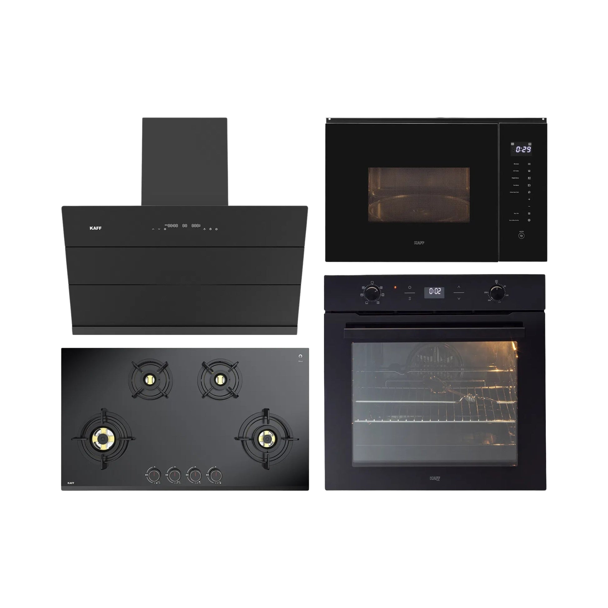 Kaff Built In Oven With Air Fryer OV 81 GIKAFR + Kaff Built-In Microwave KMW HN 6 BLK + Kaff 90 cm Wall Mounted Chimney ALBURY SUPER 90 DC BLDC + Kaff 90 cm 4 Burner Hob Ashford Series ASF 94M