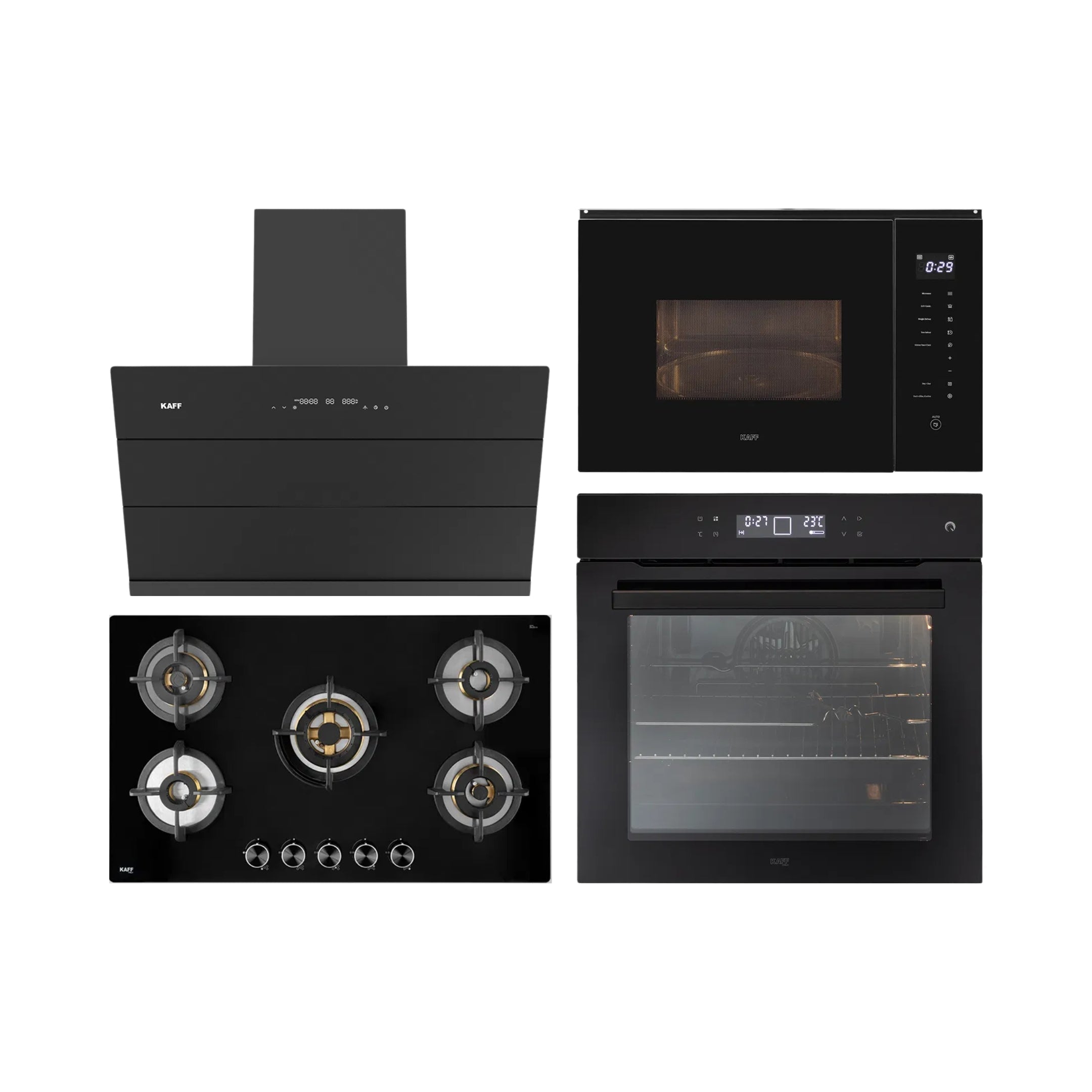 Kaff Built In Oven With Air Fryer OV 81TC BL AFR + Kaff Built-In Microwave KMW HN 6 BLK + Kaff 90 cm Wall Mounted Chimney ALBURY SUPER 90 DC BLDC + Kaff 86 cm 5 Burner Hob Bellini F BLHF 865X