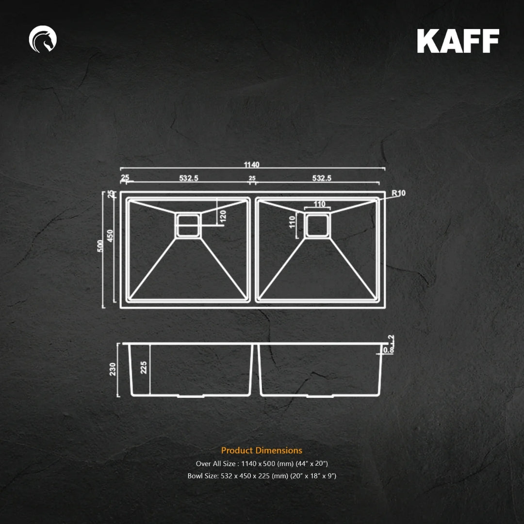 Kaff Stainless Steel Sink Marco Series DOUBLE BOWL KS 114 DB R10 ( 45 x 18 inches ) - Satin