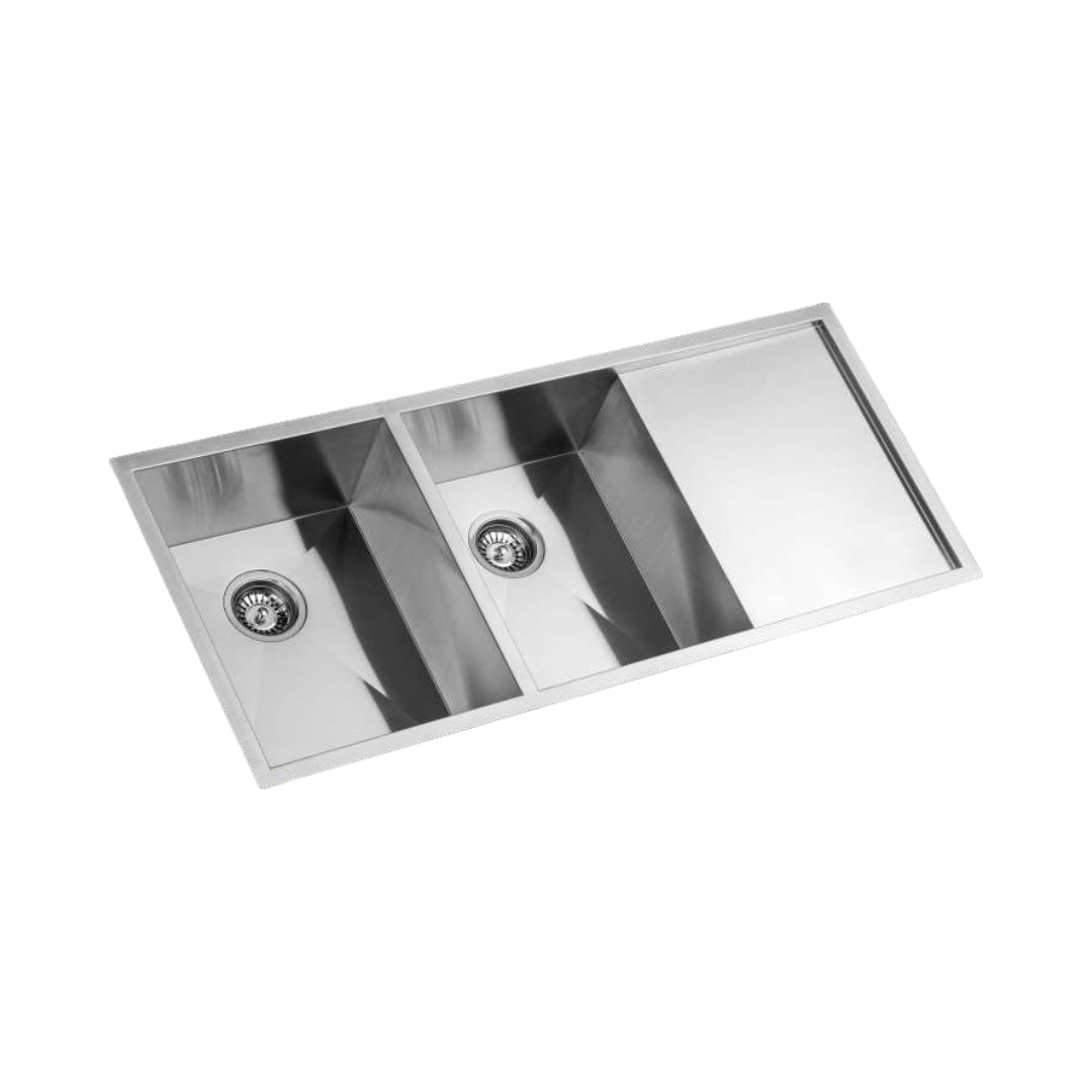 Kaff Stainless Steel Sink Marco Series DOUBLE BOWL WITH DRAIN BOARD KS 115 DBD R10 ( 45 x 20 inches ) - Satin