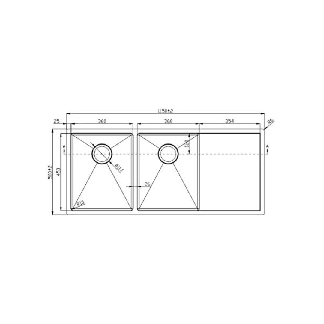 Kaff Stainless Steel Sink Marco Series DOUBLE BOWL WITH DRAIN BOARD KS 115 DBD R10 ( 45 x 20 inches ) - Satin