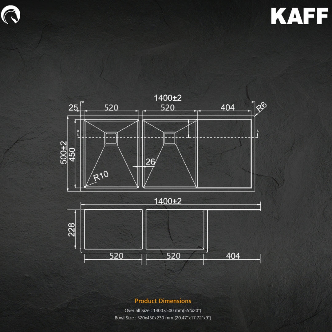 Kaff Stainless Steel Sink Marco Series DOUBLE BOWL WITH DRAIN BOARD KS 140 DBD R10 ( 55 x 20 inches ) - Satin