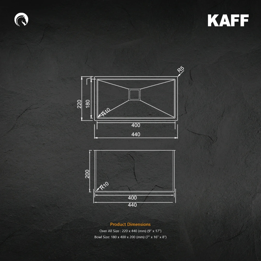Kaff Stainless Steel Sink Bar Series SINGLE BOWL KS 22 SB R10 ( 17 x 9 inches ) - Satin